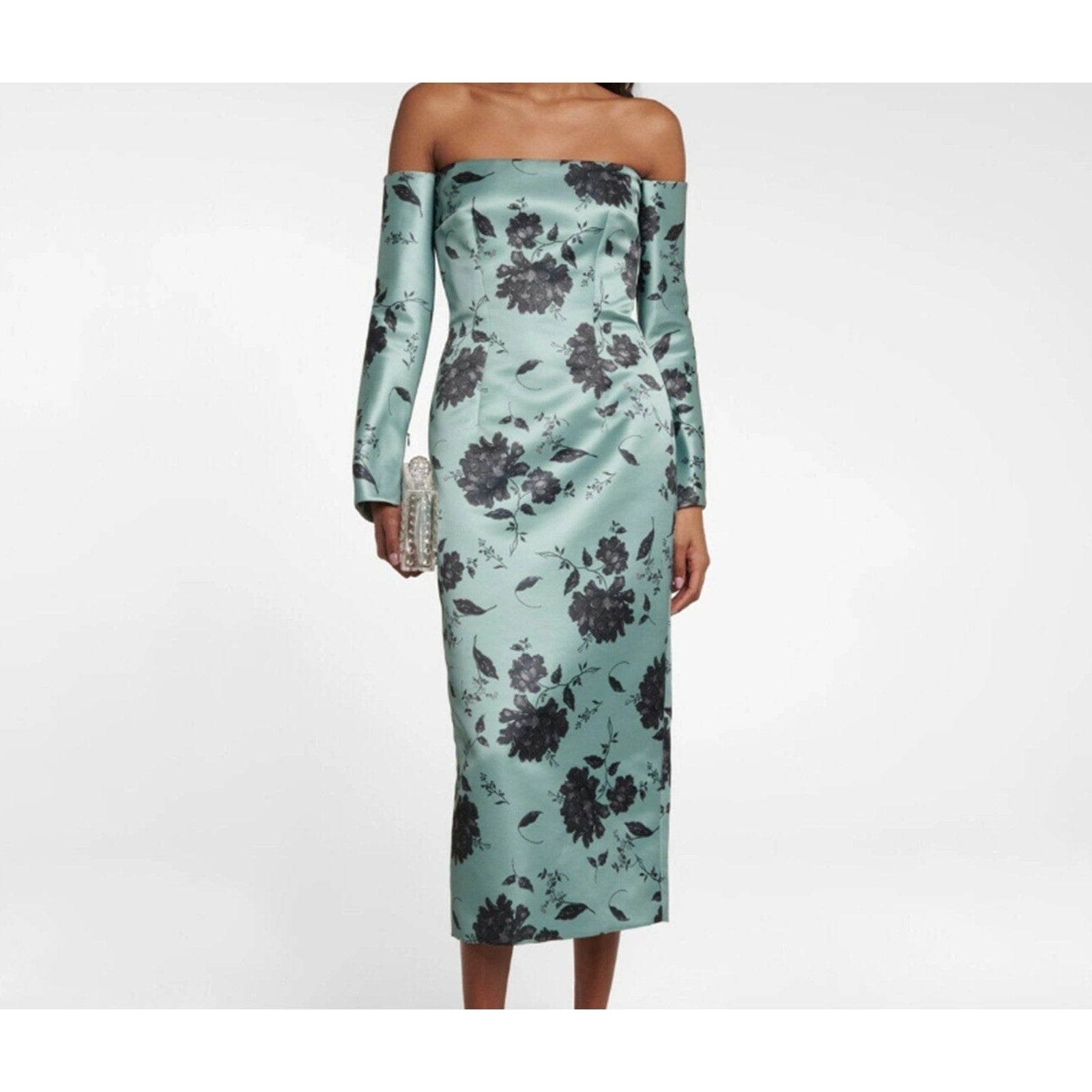 Emilia Wickstead Rose on Pistachio Melina Off Shoulder Dress  US 10 / UK 14