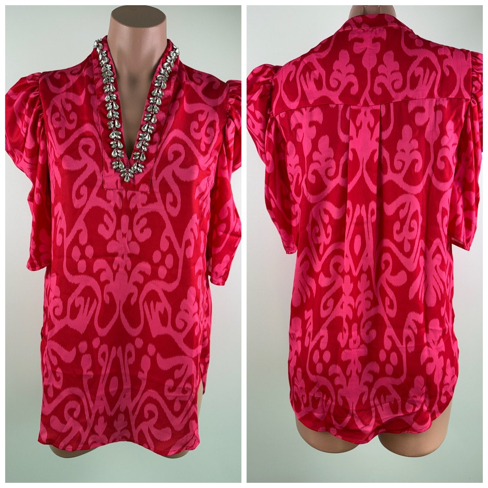 Sheridan French Ruby Azaleas Natalie 100% Poly Silk Blouse Size XS