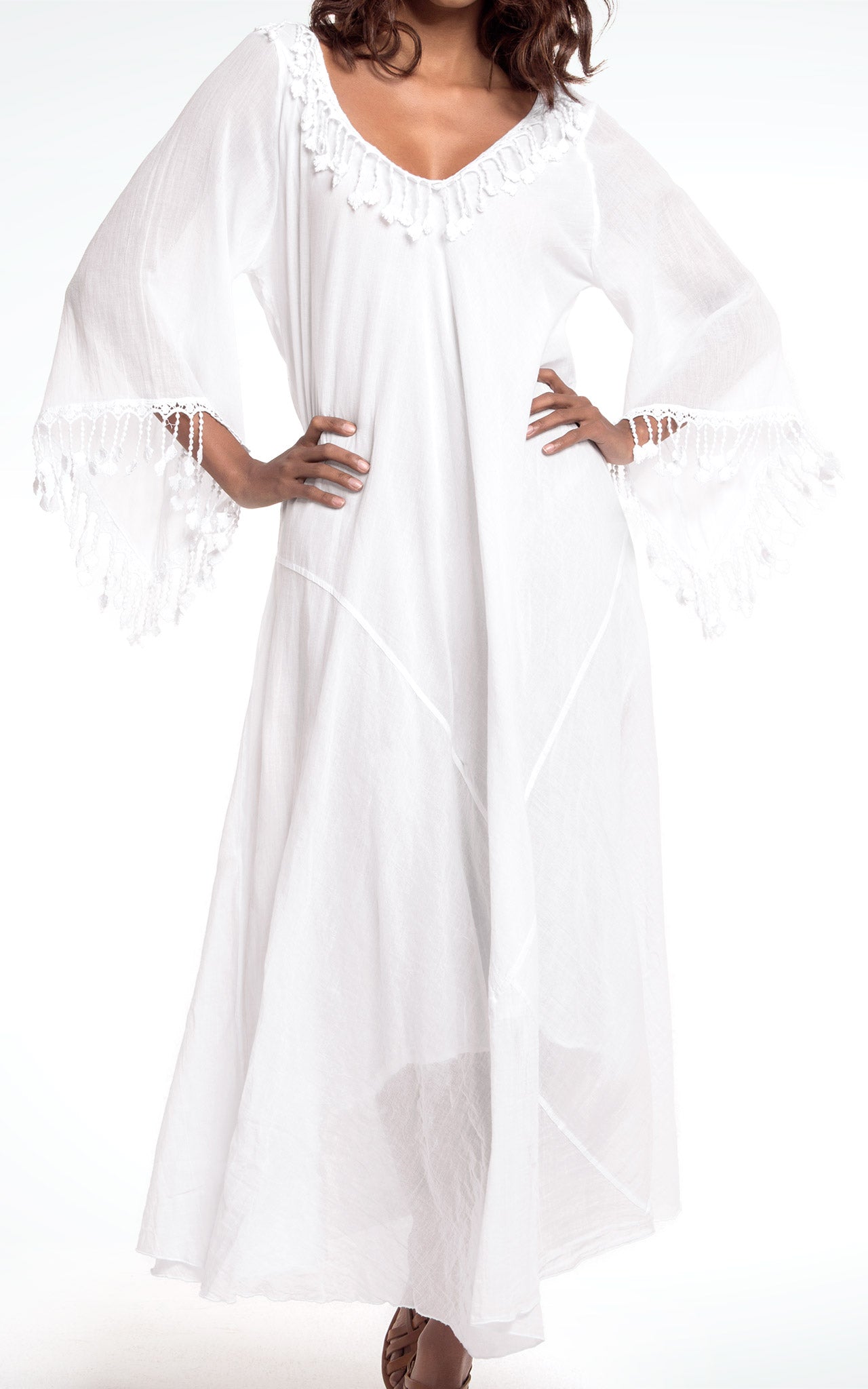 Women's White Cotton Long Dress with Lace Trim
