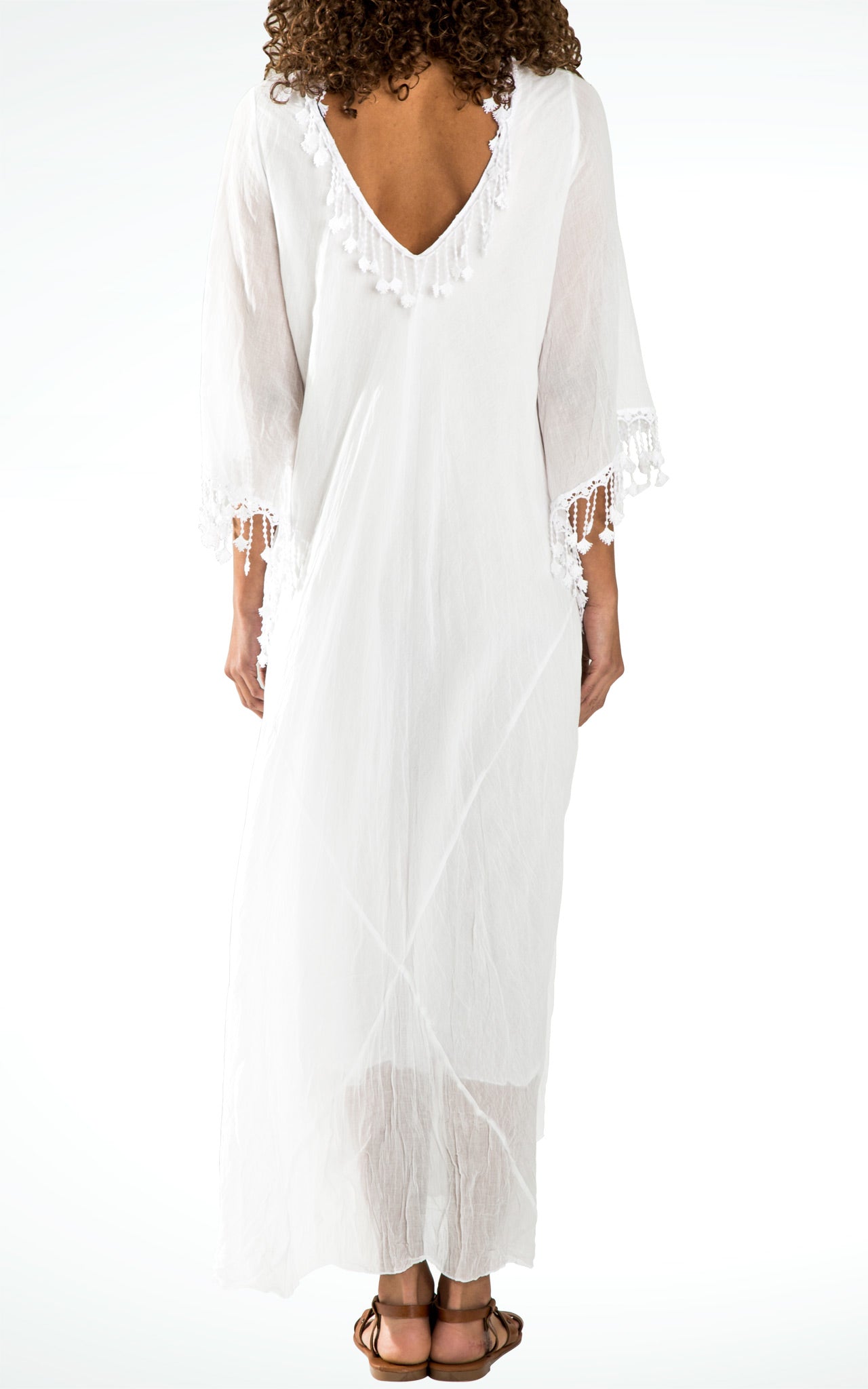 Women's White Cotton Long Dress with Lace Trim