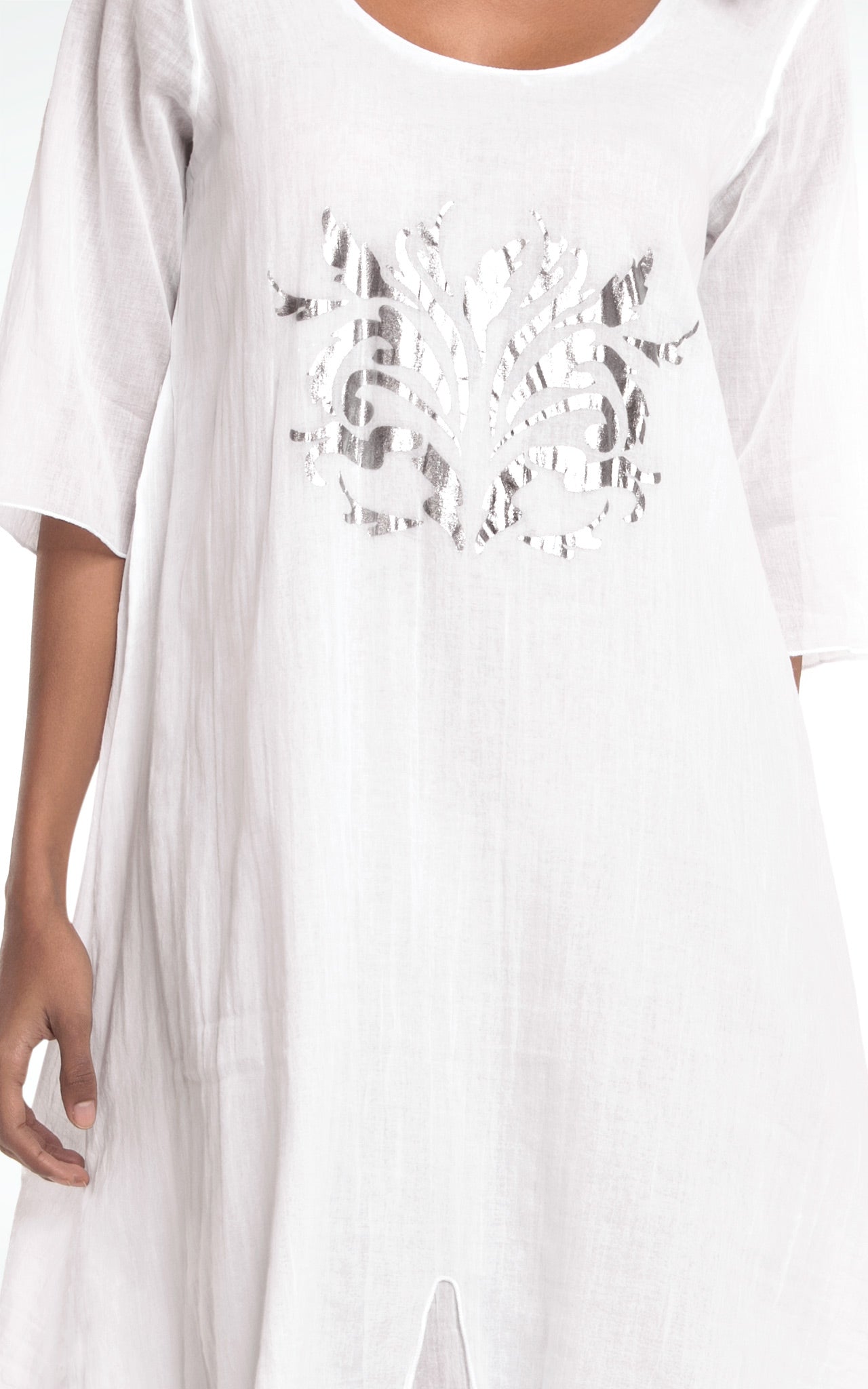 Women's Silver Foil Printed Half Sleeve White Cotton Dress