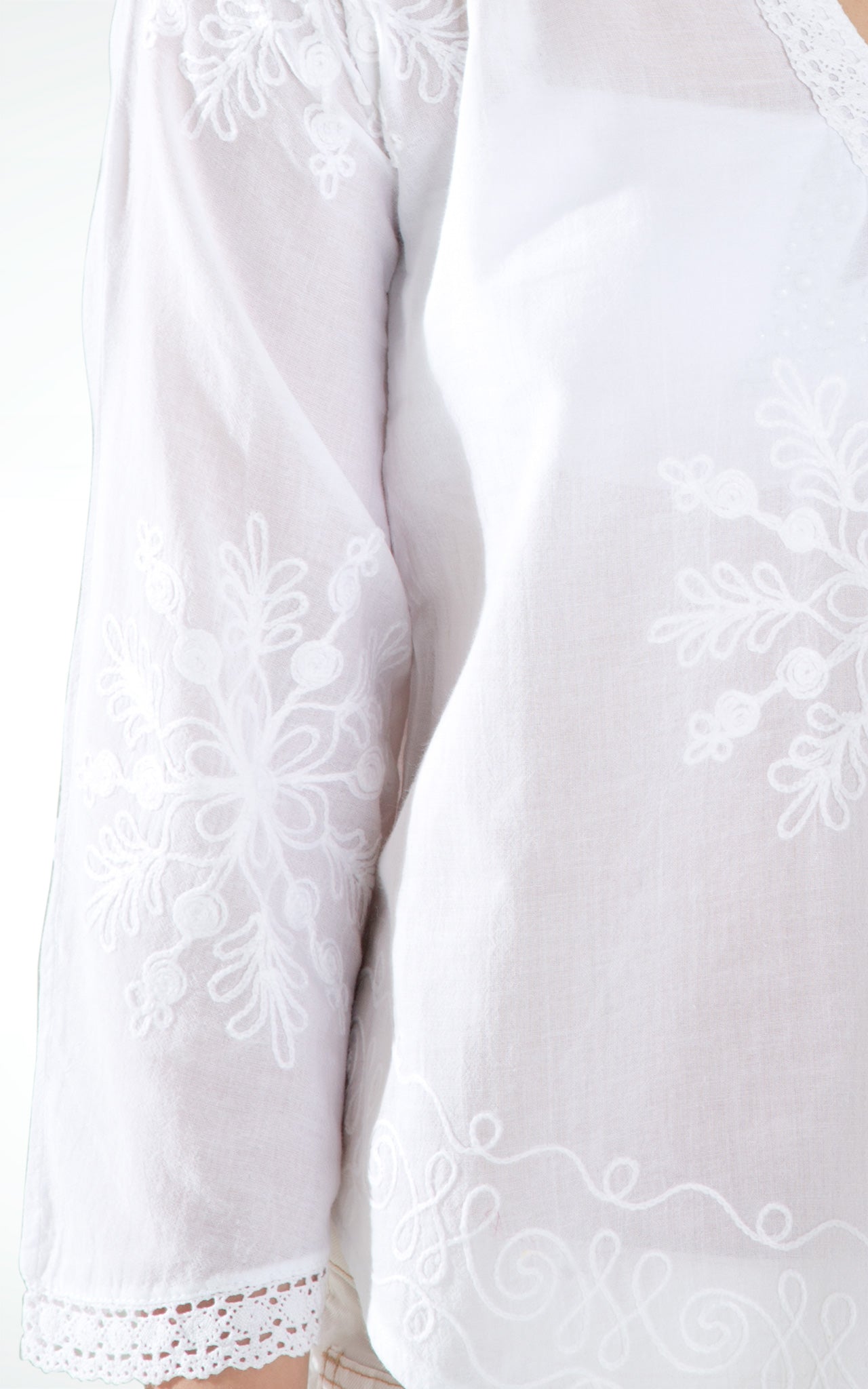 Women's Embroidered Long Sleeves White Cotton Top