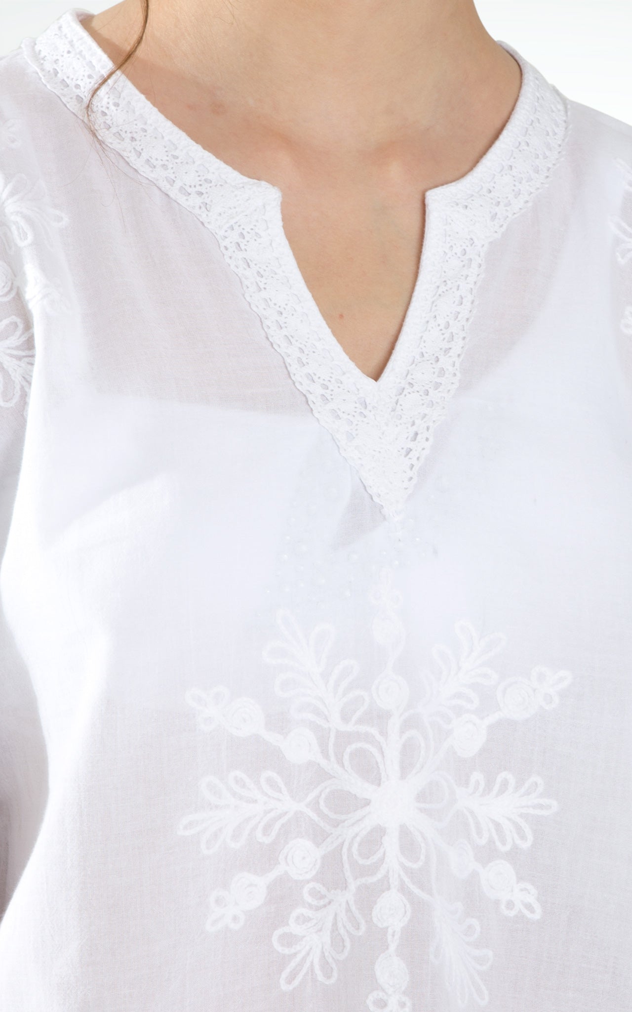 Women's Embroidered Long Sleeves White Cotton Top