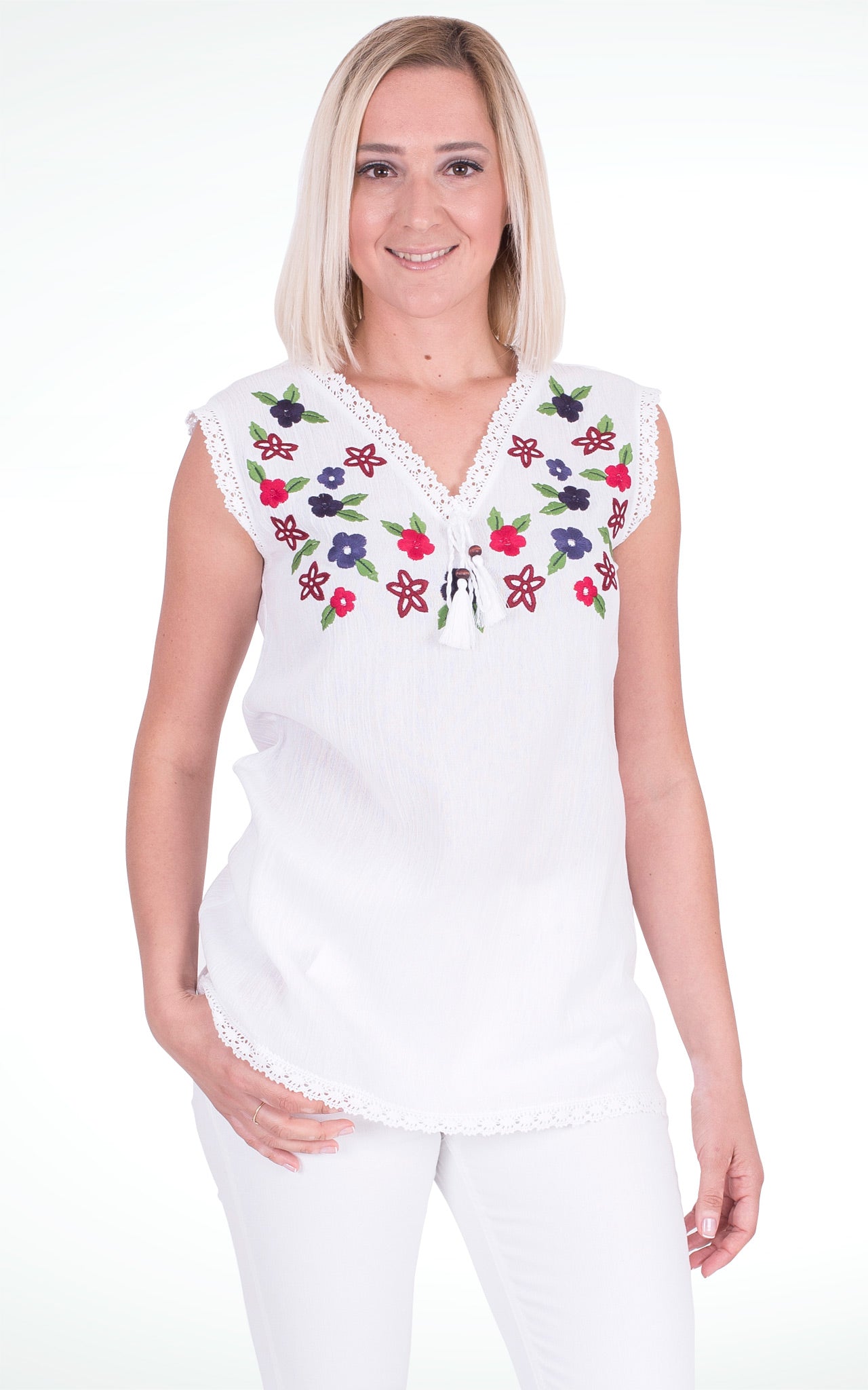 Women's Flower Embroidered White Cotton Top