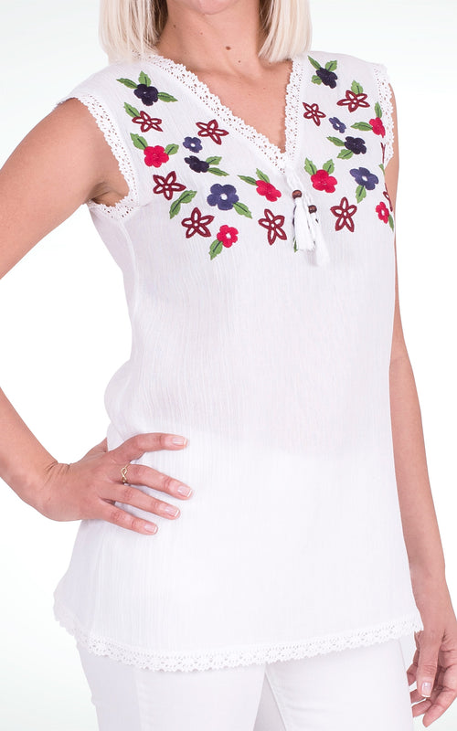 Women's Flower Embroidered White Cotton Top