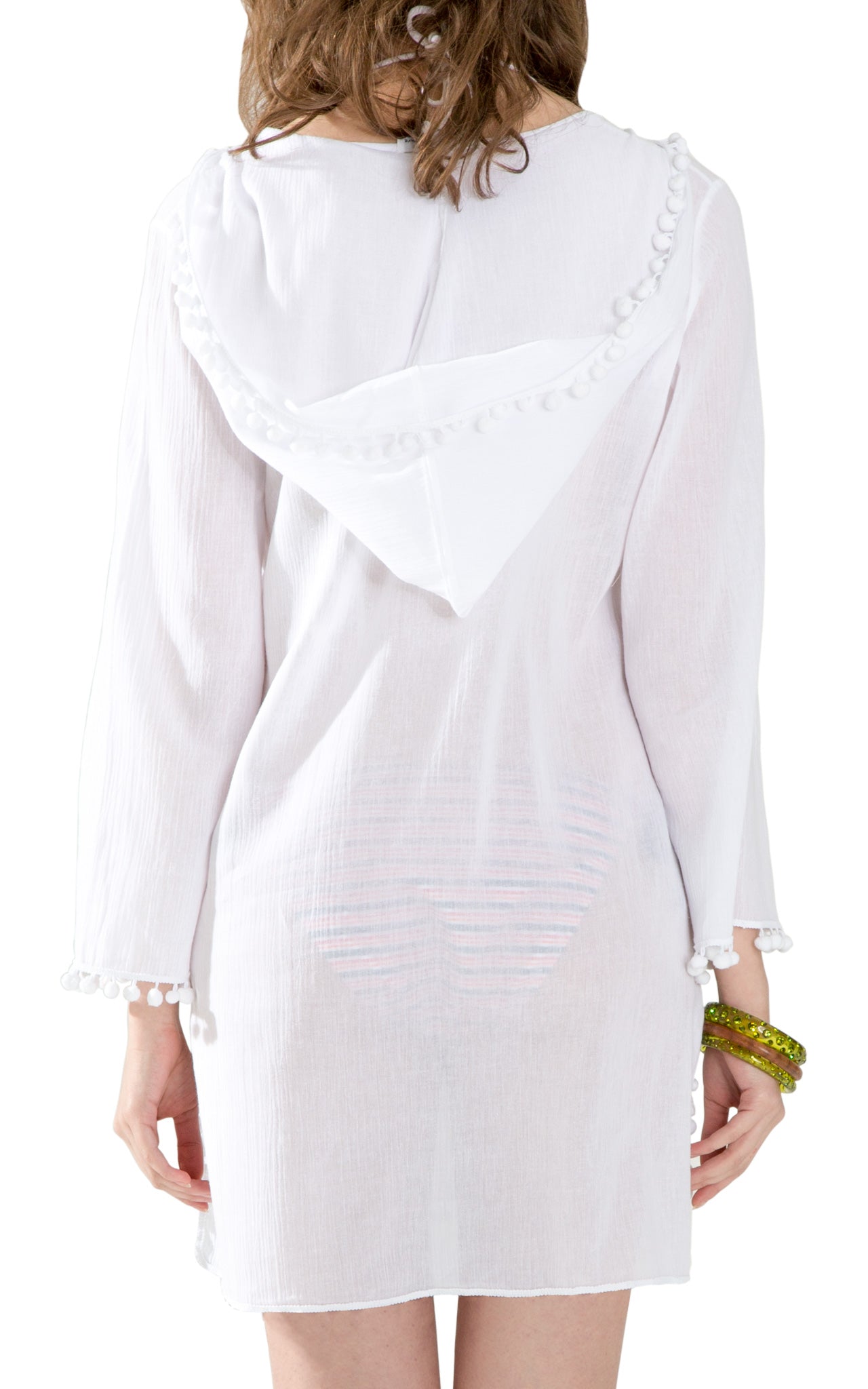 Women's Long Sleeve Beach Tunic Hooded Cotton Cover-Up (White)