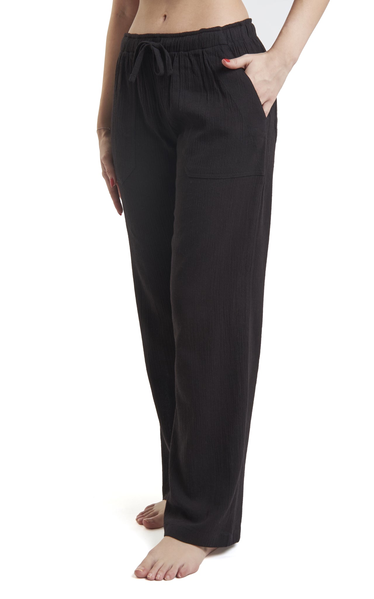 Women's Gauze Cotton PJ & Beach Pants with Pockets (Black)