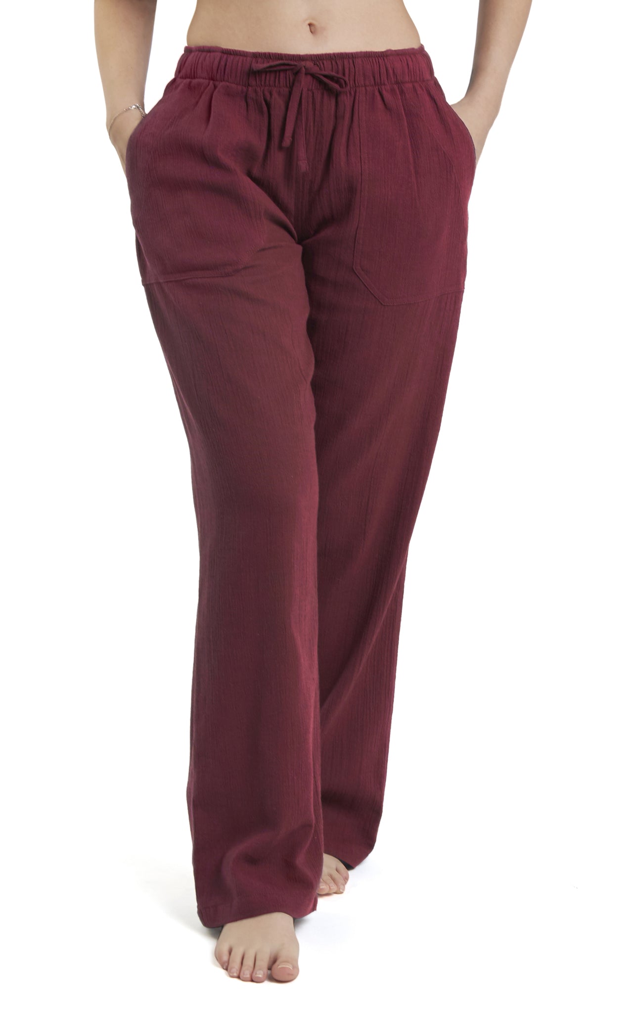 Women's Gauze Cotton PJ & Beach Pants with Pockets (Burgundy)