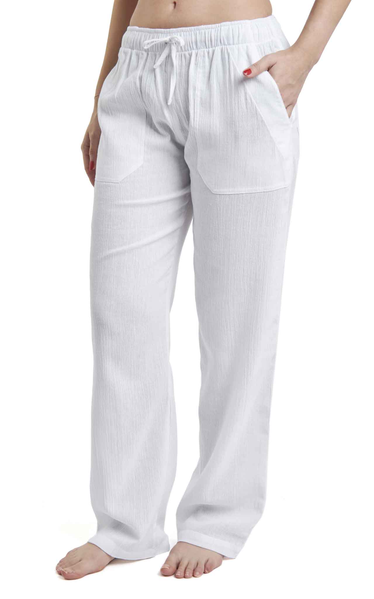 Women's Gauze Cotton PJ & Beach Pants with Pockets (White)