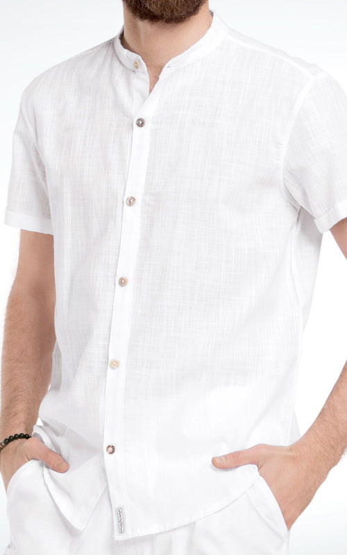 Men's Short Sleeve Mandarin Collar White Cotton Shirt