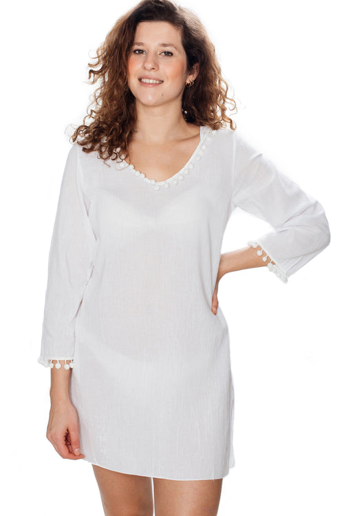 Women's Long Sleeve Beach Tunic Hooded Cotton Cover-Up (White)