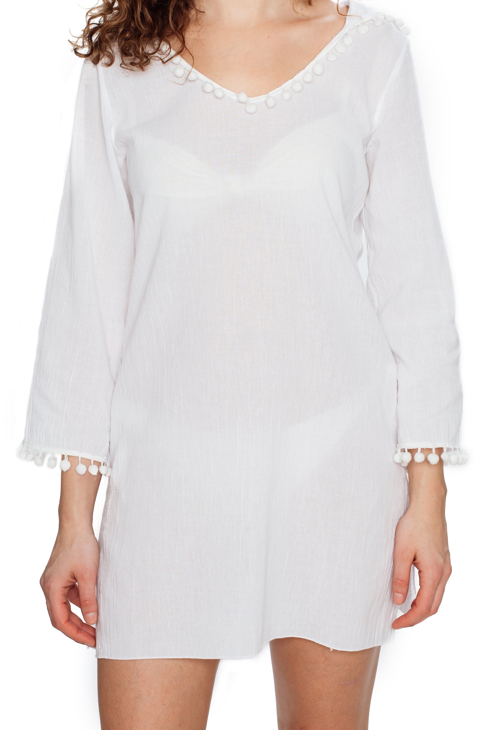 Women's Long Sleeve Beach Tunic Hooded Cotton Cover-Up (White)