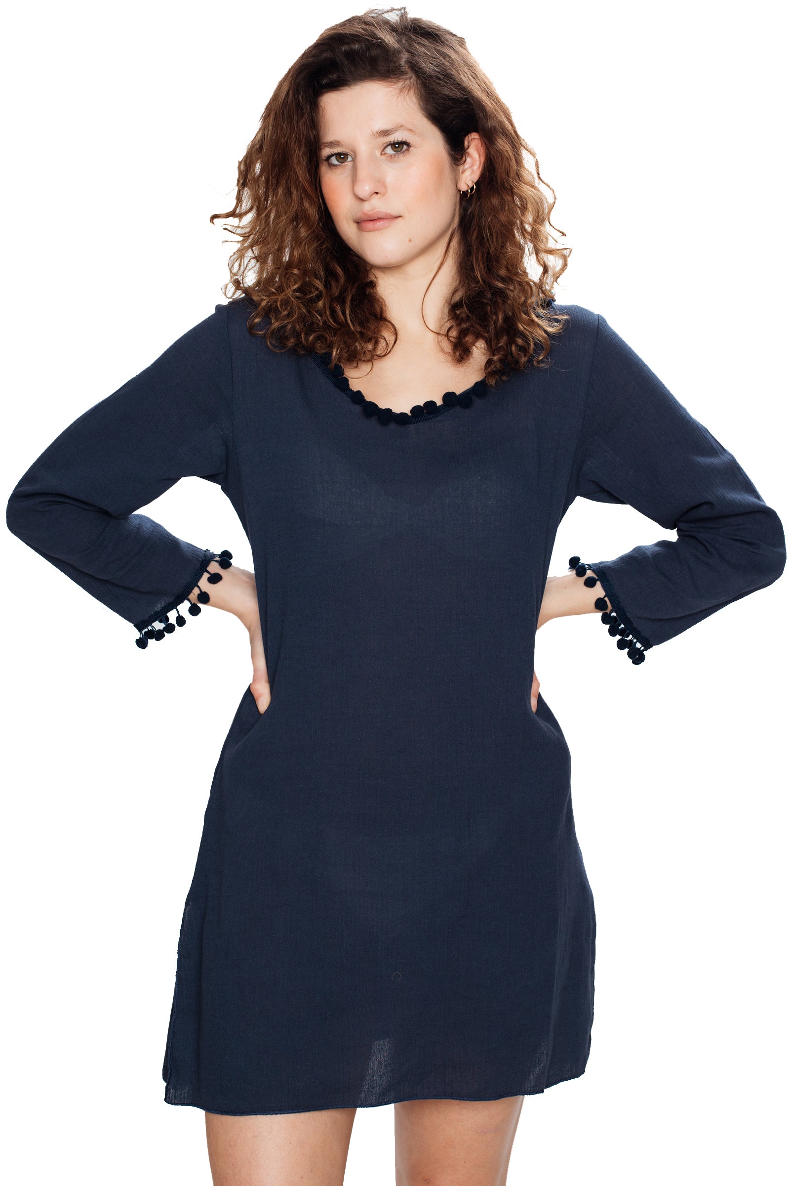 Women's Long Sleeve Beach Tunic Hooded Cotton Cover-Up (Navy Blue)