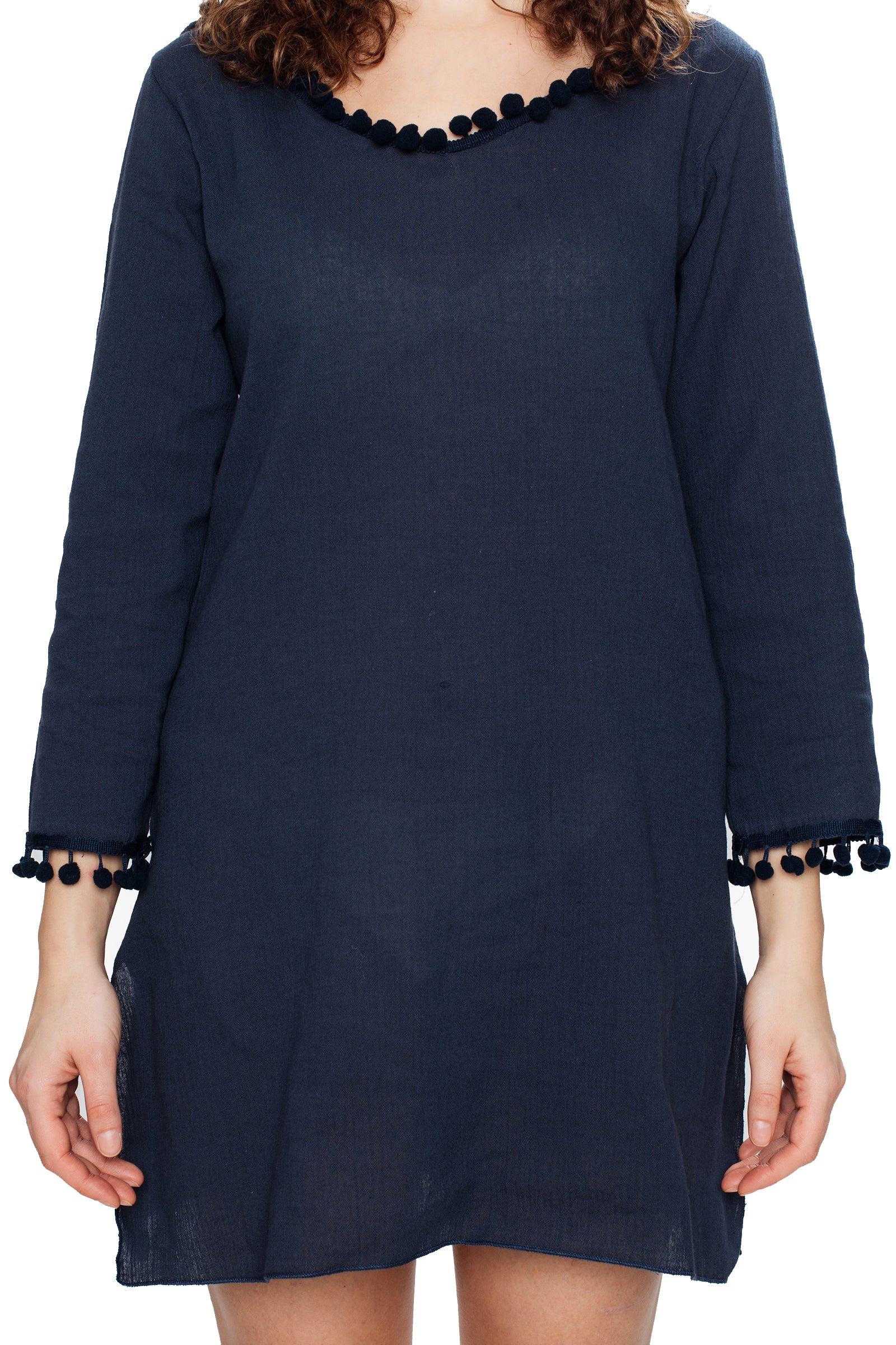 Navy Blue Hooded Long Sleeve Cotton Coverup