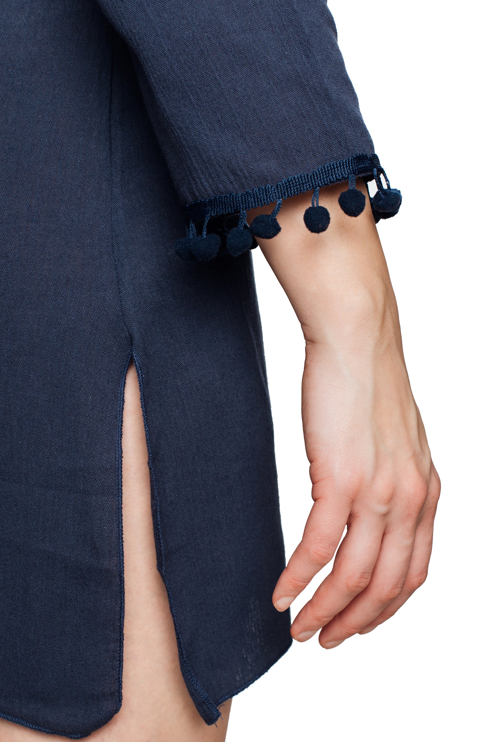 Navy Blue Hooded Long Sleeve Cotton Coverup