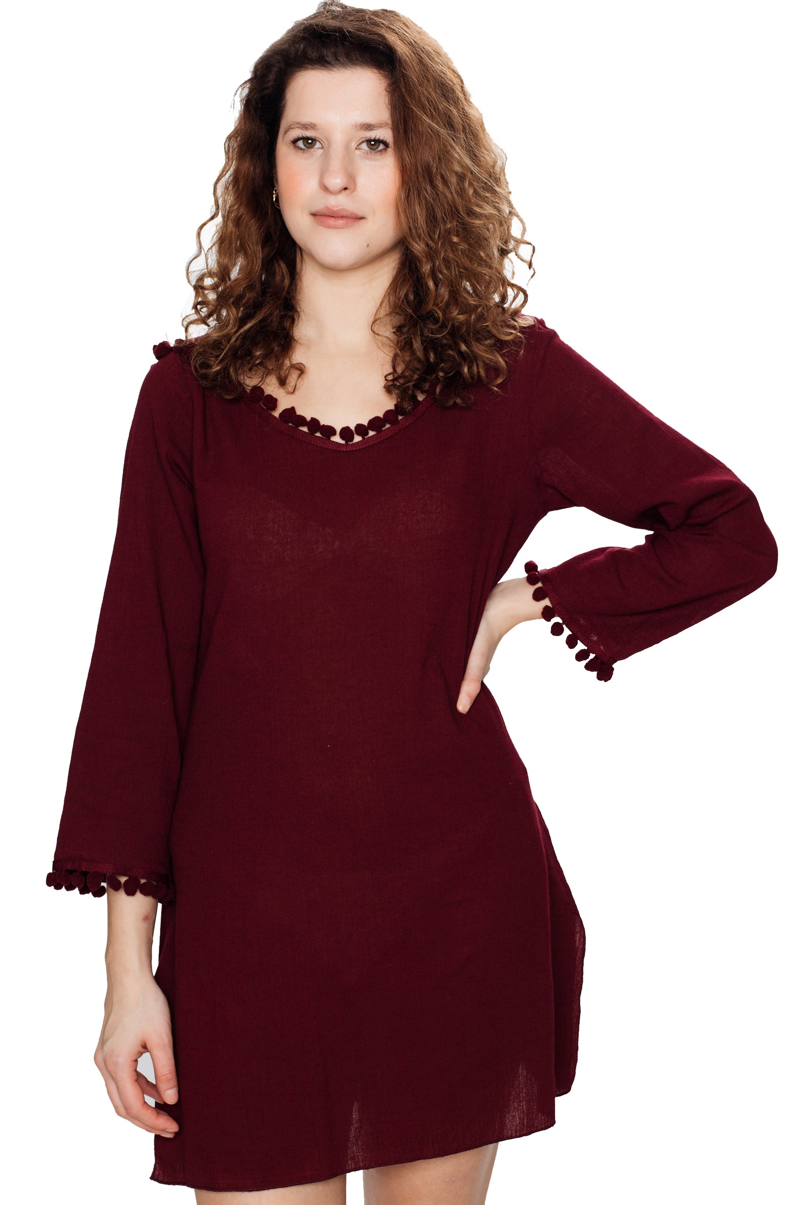 Women's Long Sleeve Beach Tunic Hooded Cotton Cover-Up (Burgundy)
