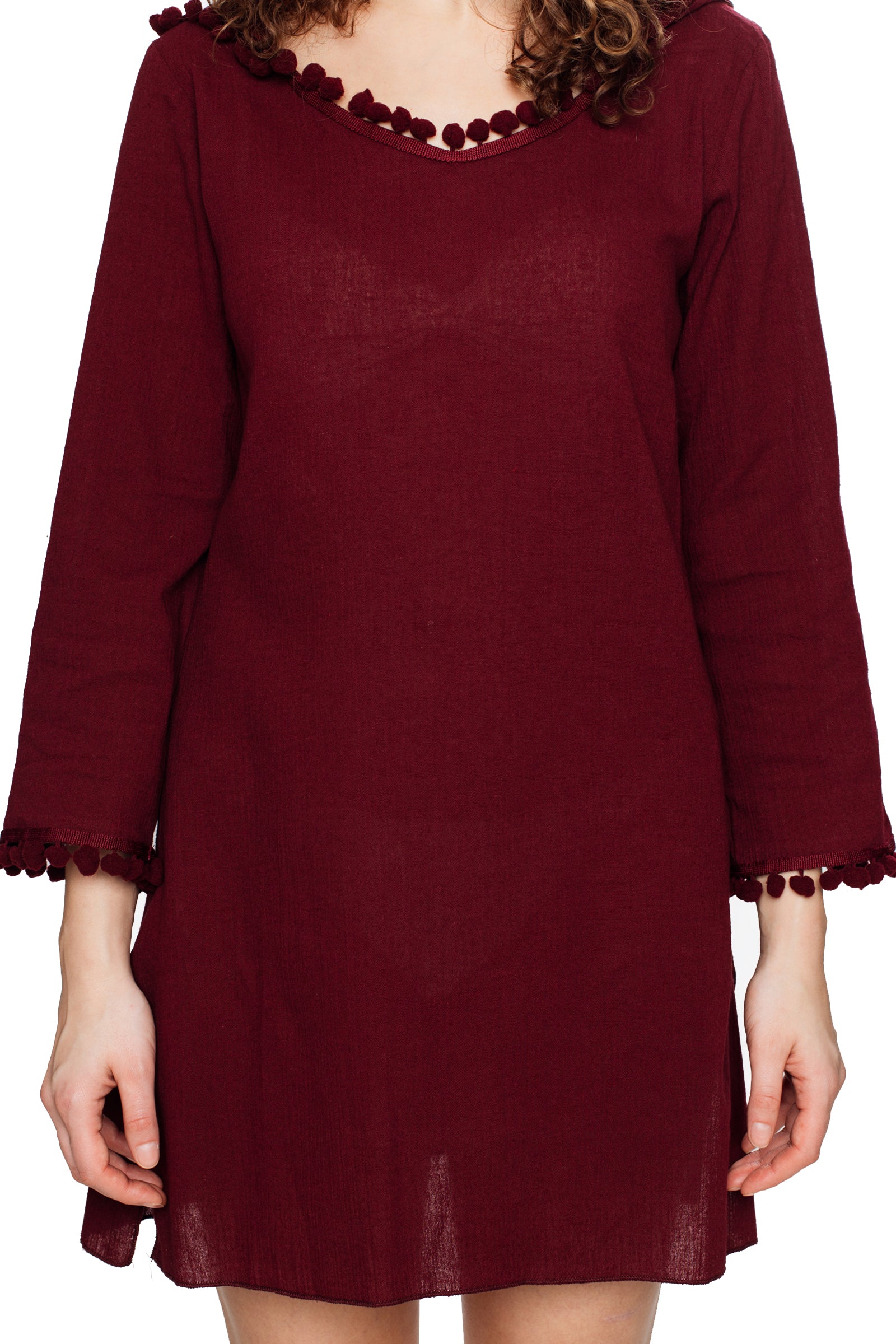 Burgundy Hooded Long Sleeve Cotton Coverup