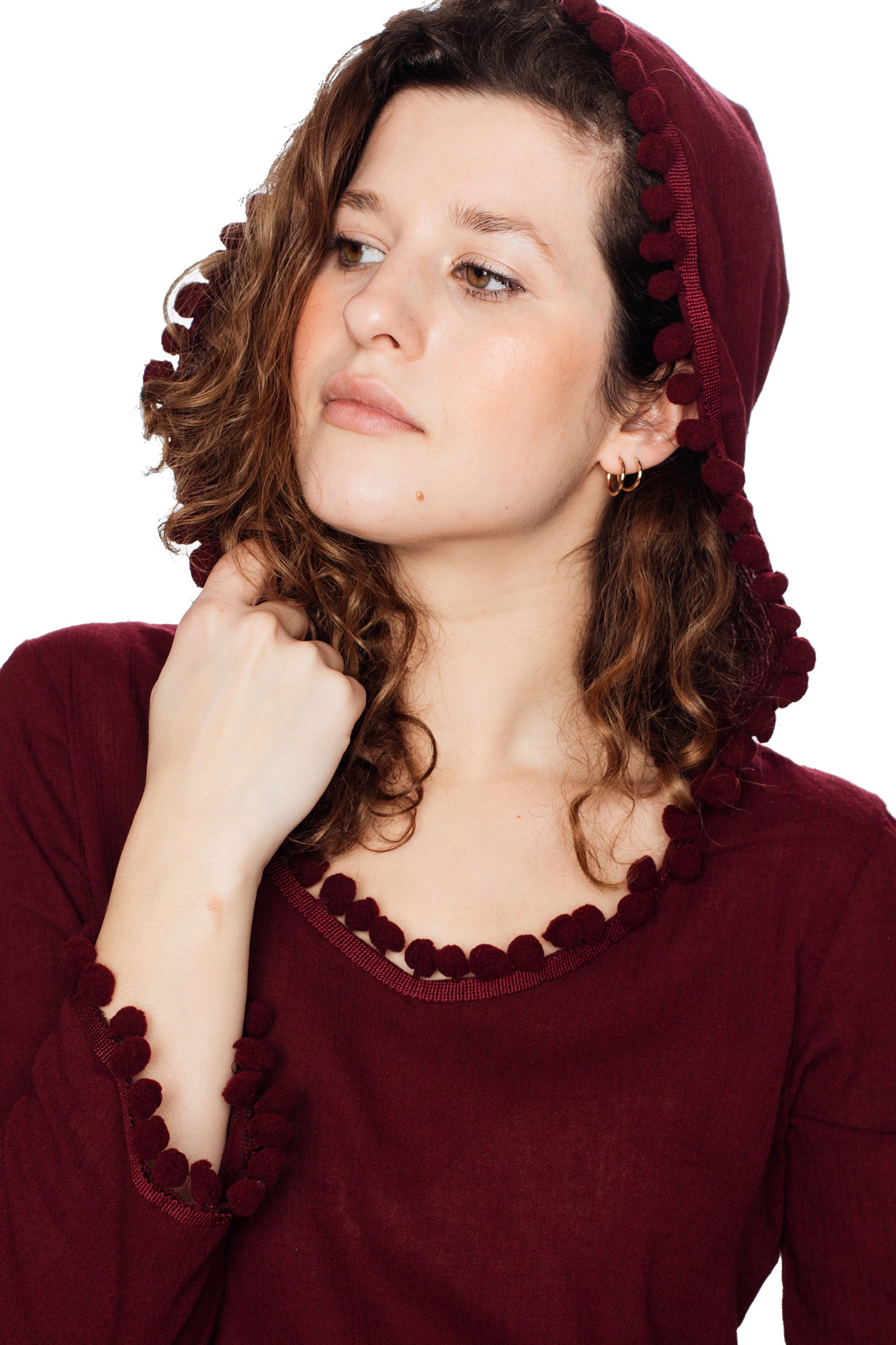 Burgundy Hooded Long Sleeve Cotton Coverup