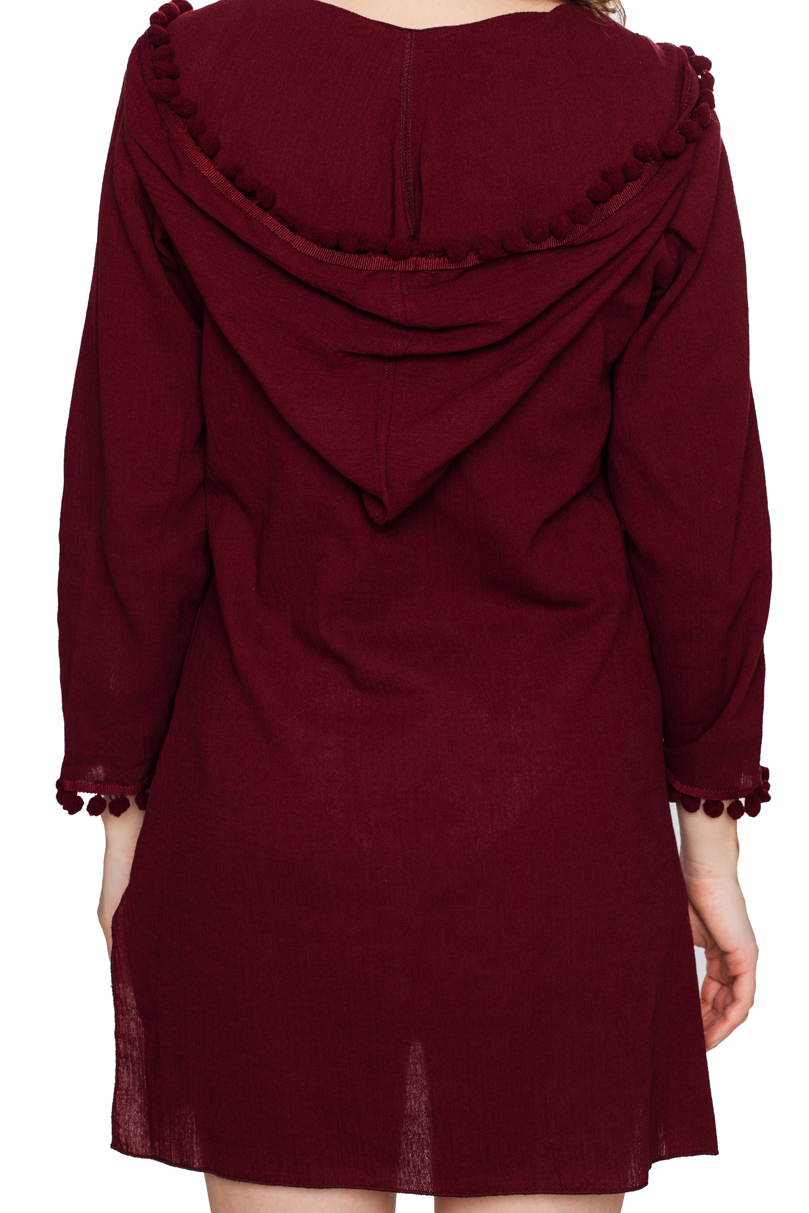 Burgundy Hooded Long Sleeve Cotton Coverup