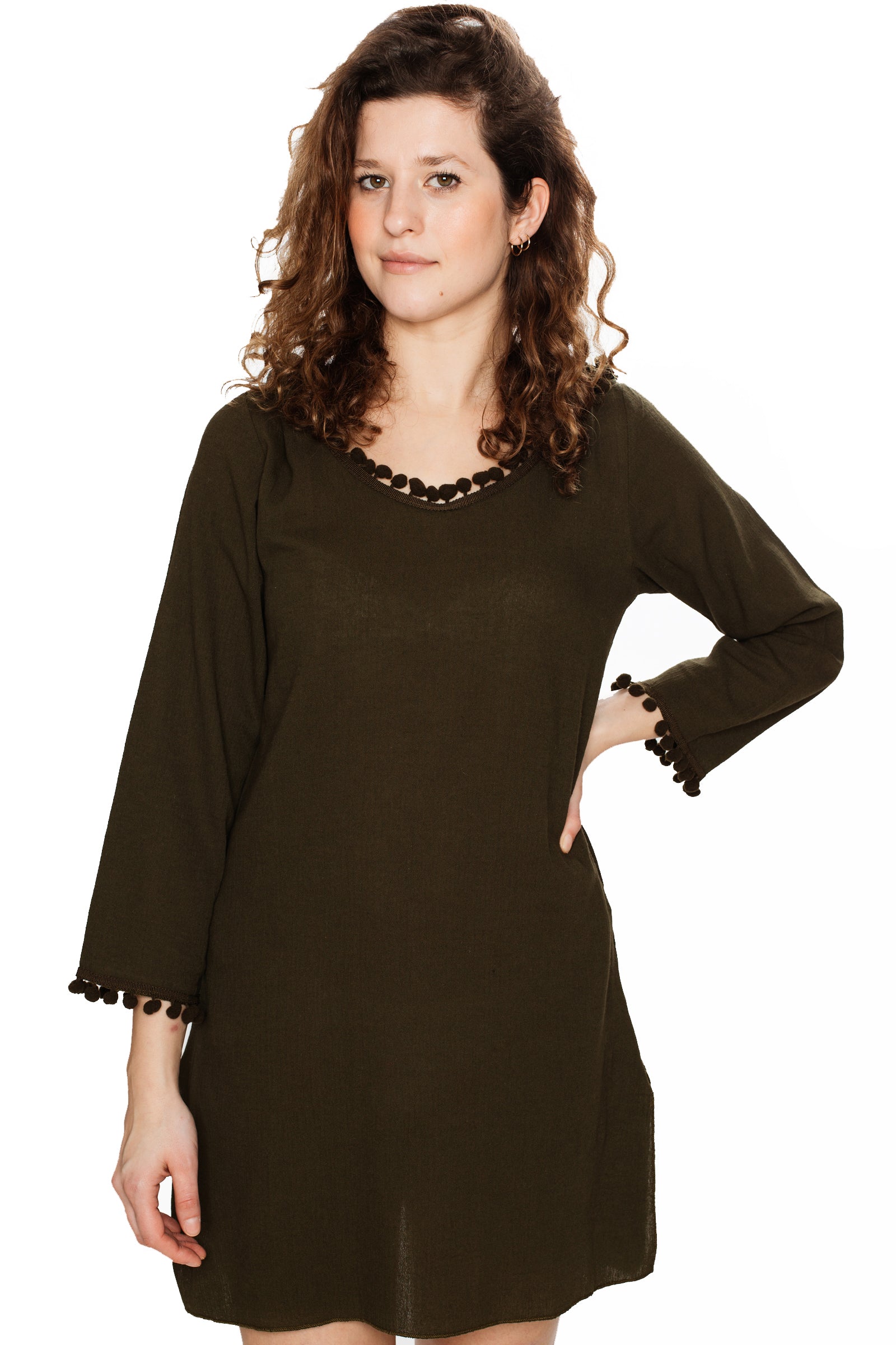 Women's Long Sleeve Beach Tunic Hooded Cotton Cover-Up (Green)