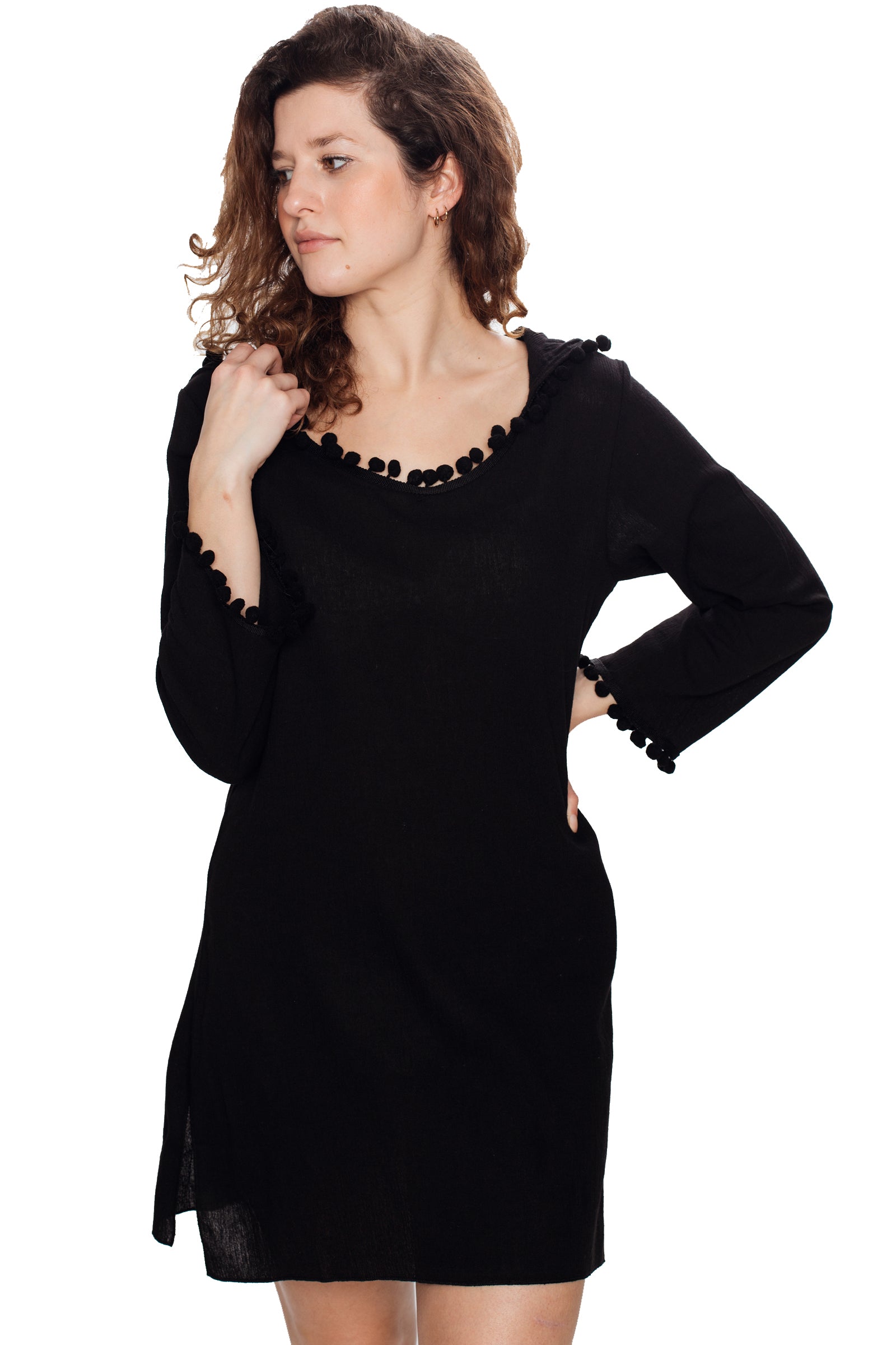 Women's Long Sleeve Beach Tunic Hooded Cotton Cover-Up (Black)
