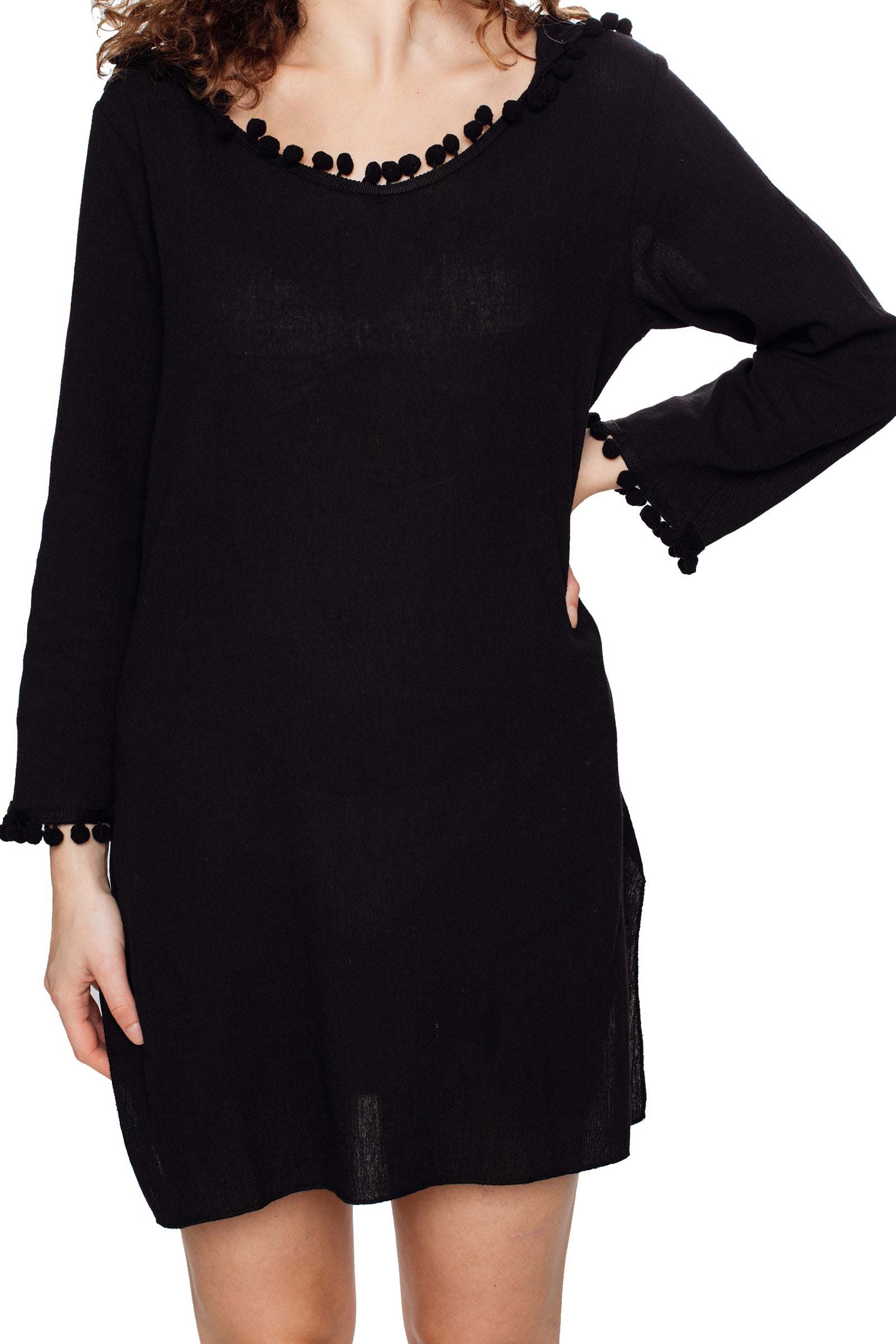 Black Hooded Long Sleeve Cotton Coverup