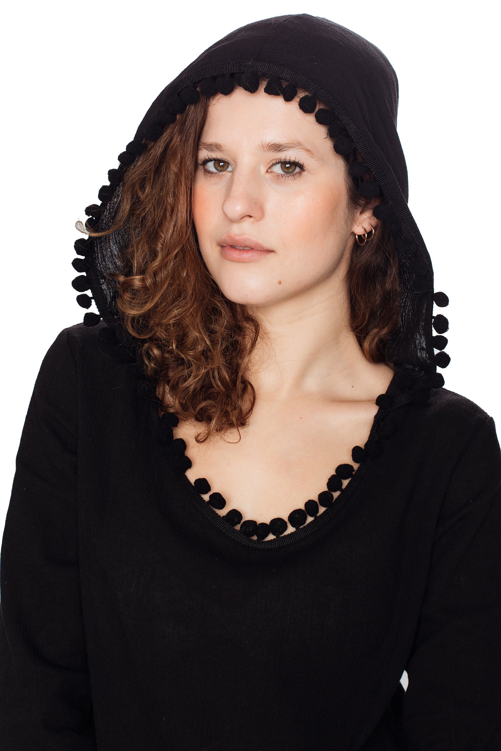 Black Hooded Long Sleeve Cotton Coverup