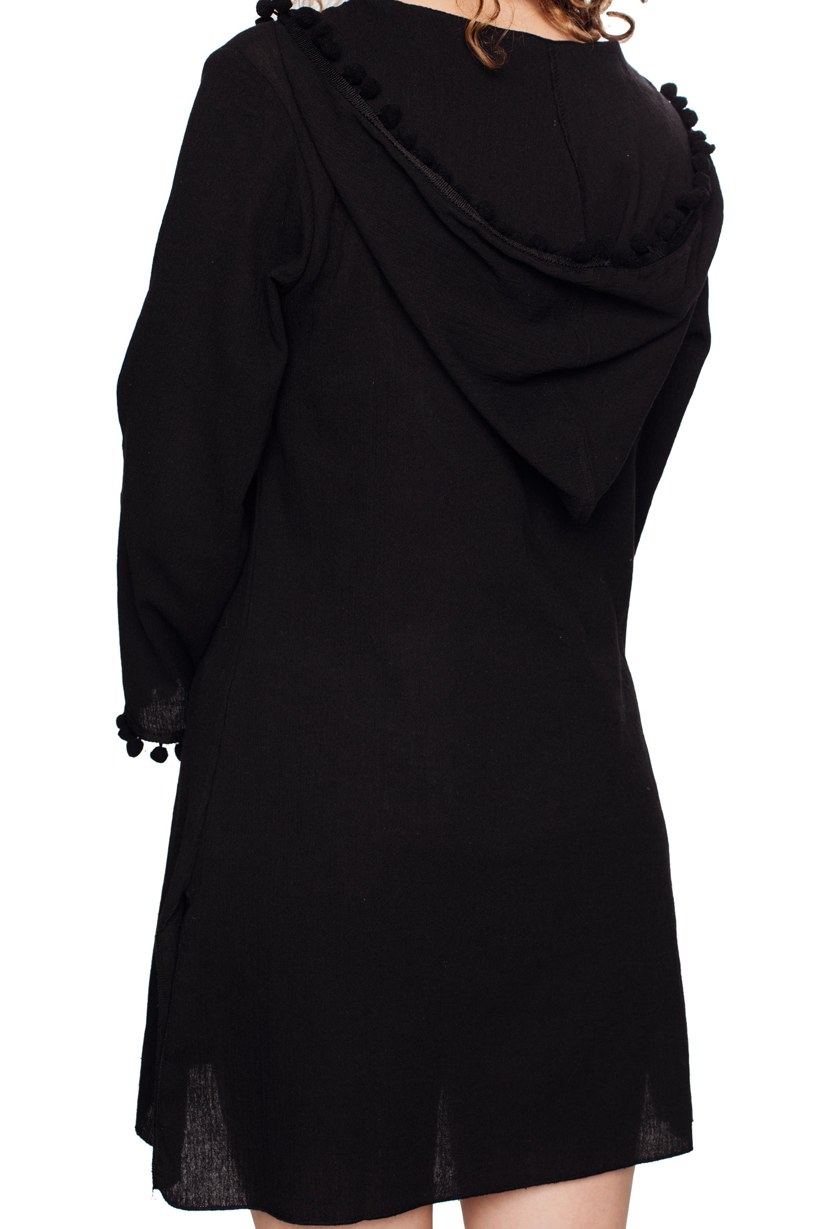 Black Hooded Long Sleeve Cotton Coverup