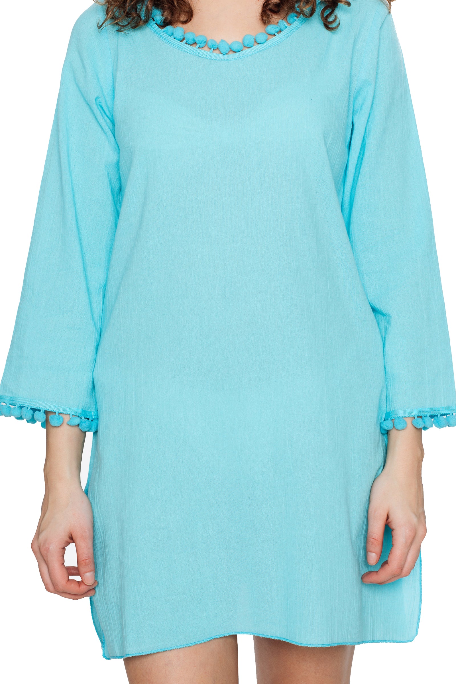 Turquoise Hooded Long Sleeve Cotton Coverup
