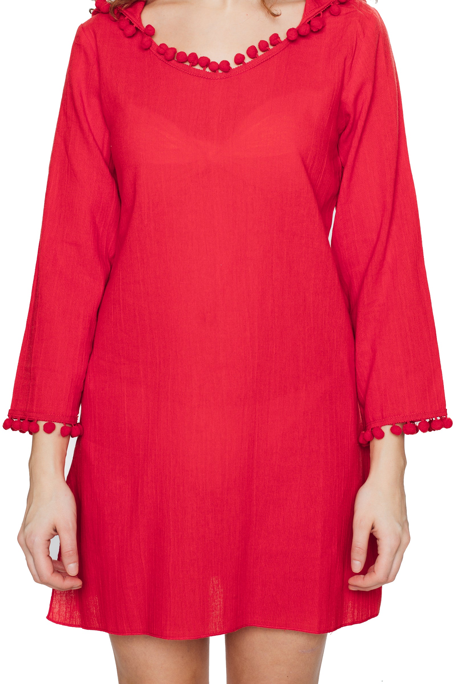 Coral Hooded Long Sleeve Cotton Coverup
