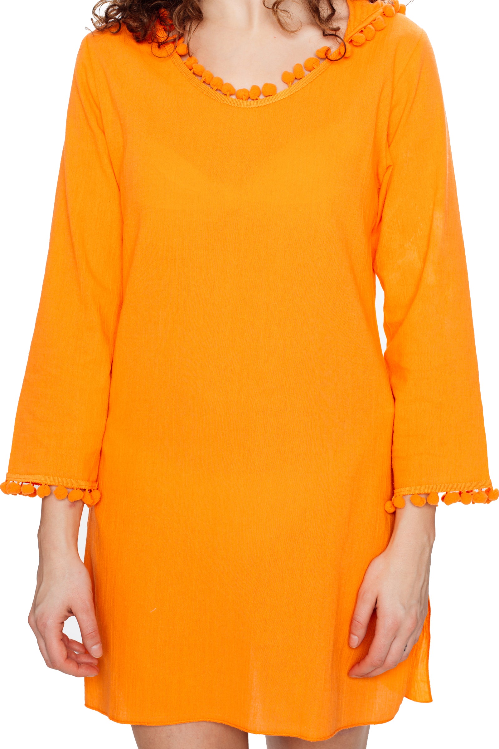 Orange Hooded Long Sleeve Cotton Coverup