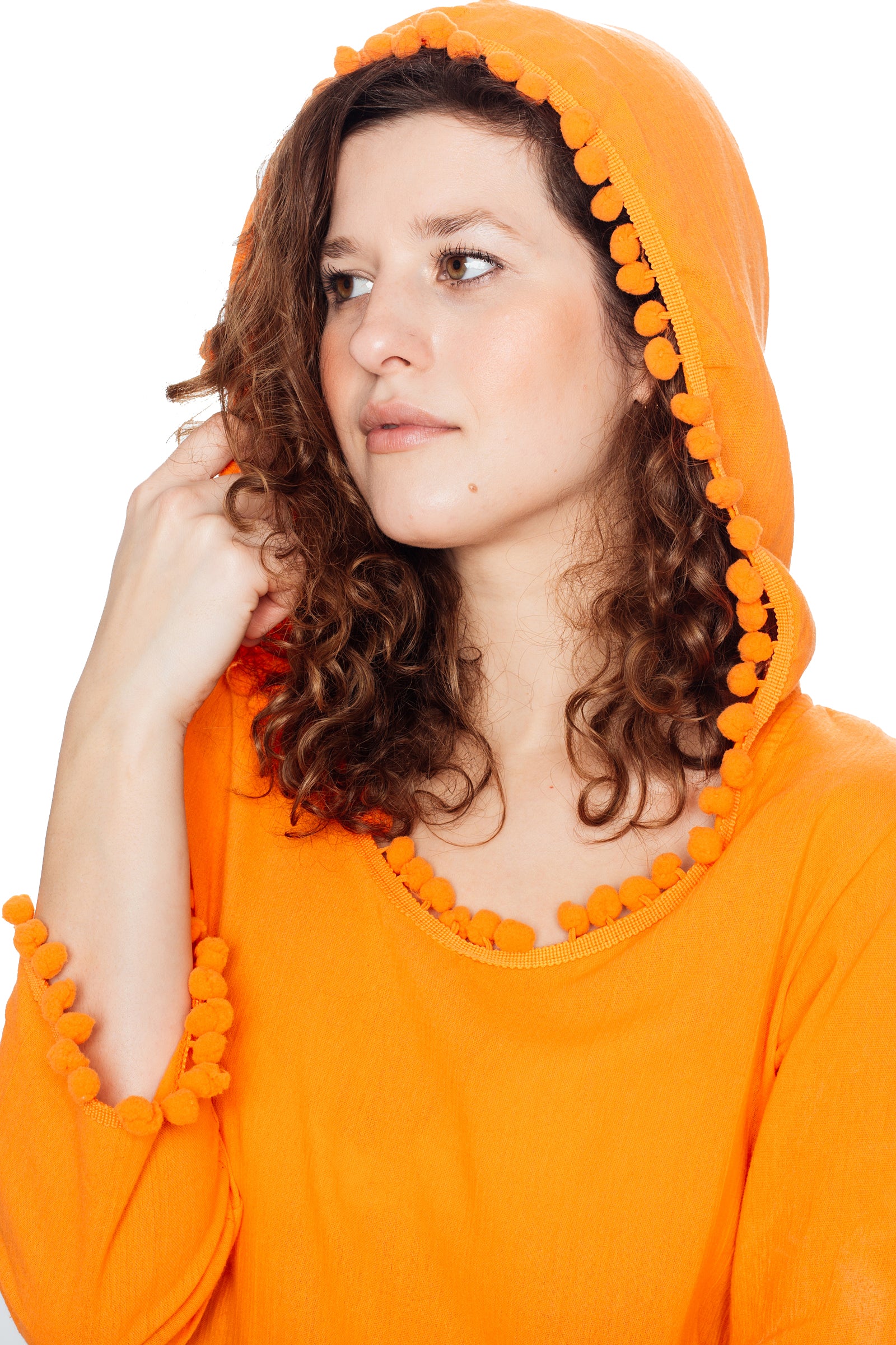 Orange Hooded Long Sleeve Cotton Coverup