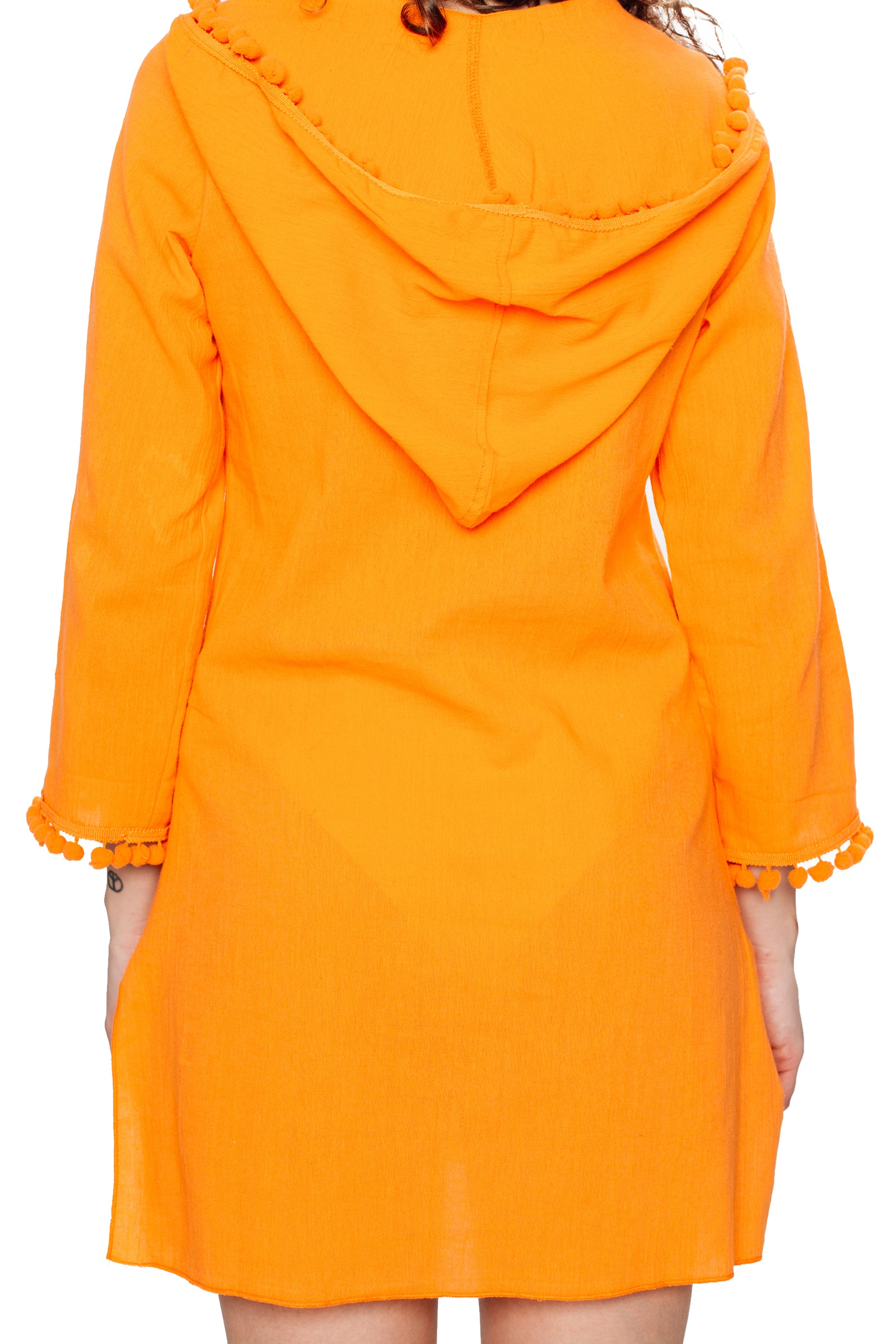 Orange Hooded Long Sleeve Cotton Coverup