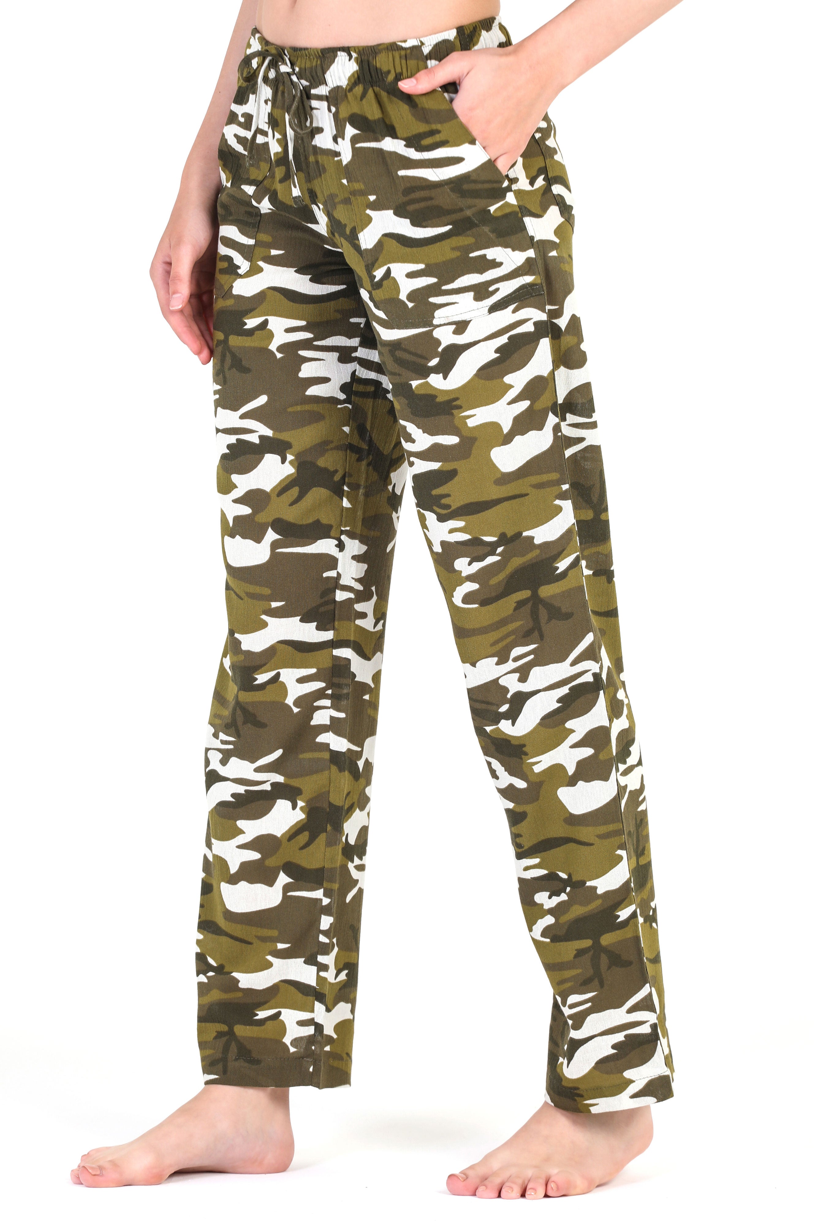 Women's Gauze Cotton PJ & Beach Pants with Pockets (Green Camo)