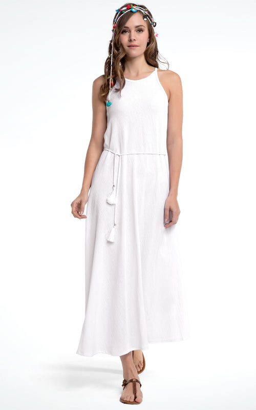 Women's Sleeveless Long White Cotton Dress