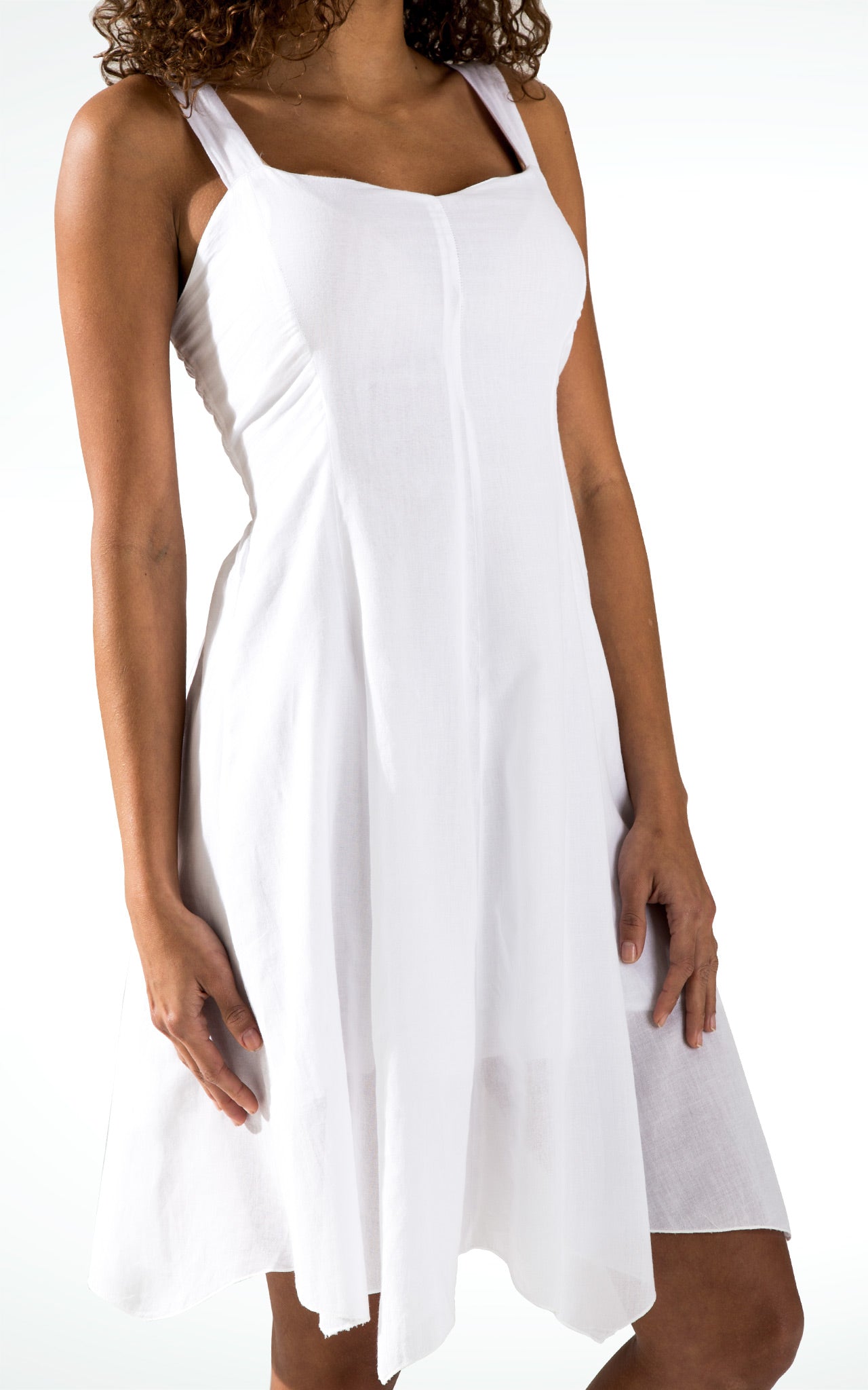 Women's Sleeveless Asymmetric Midi White Cotton Dress