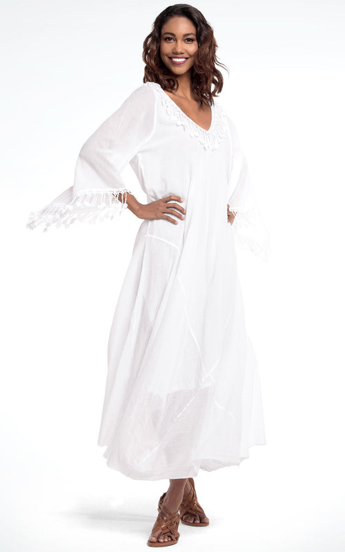 Women's White Cotton Long Dress with Lace Trim