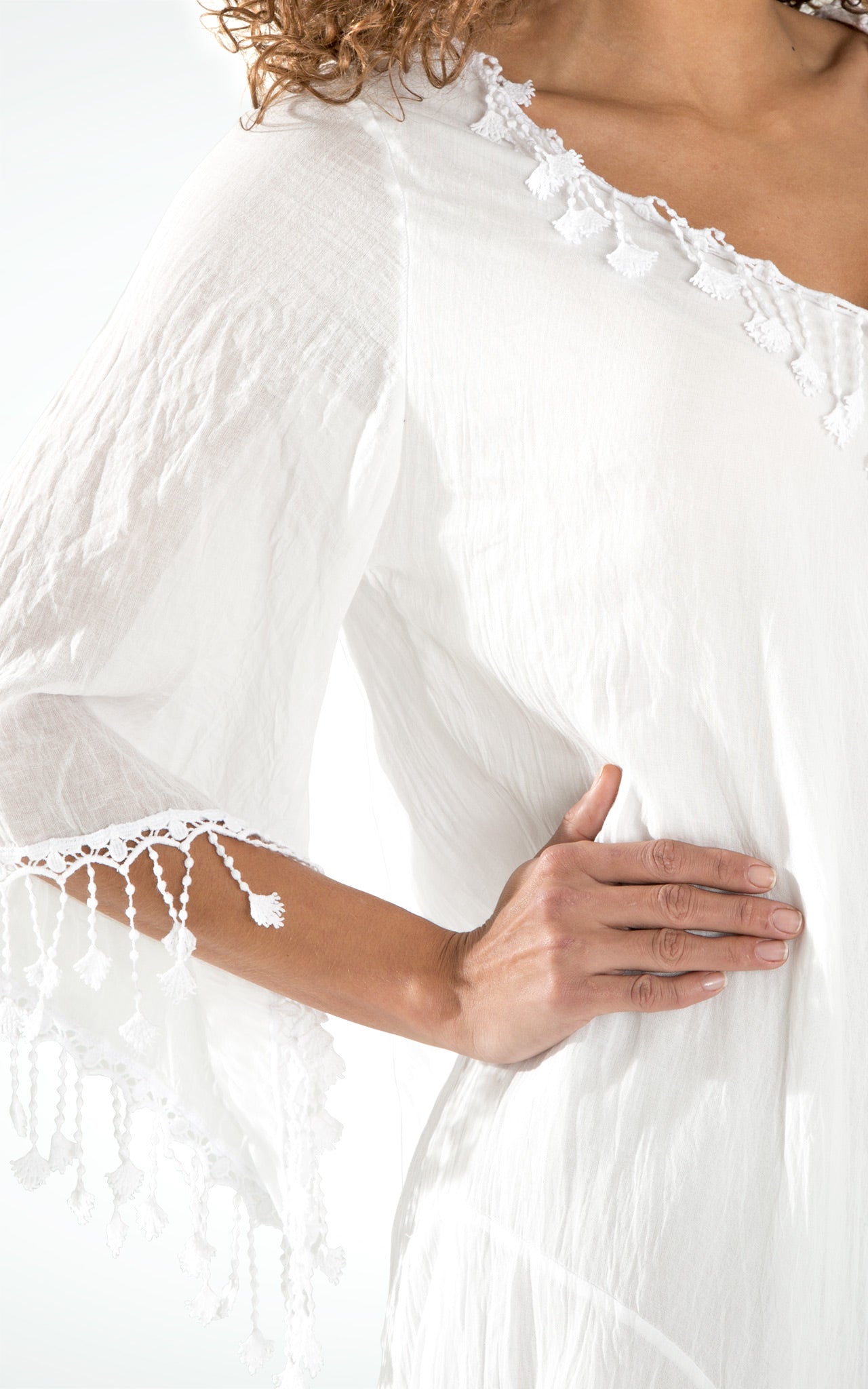 Women's White Cotton Long Dress with Lace Trim