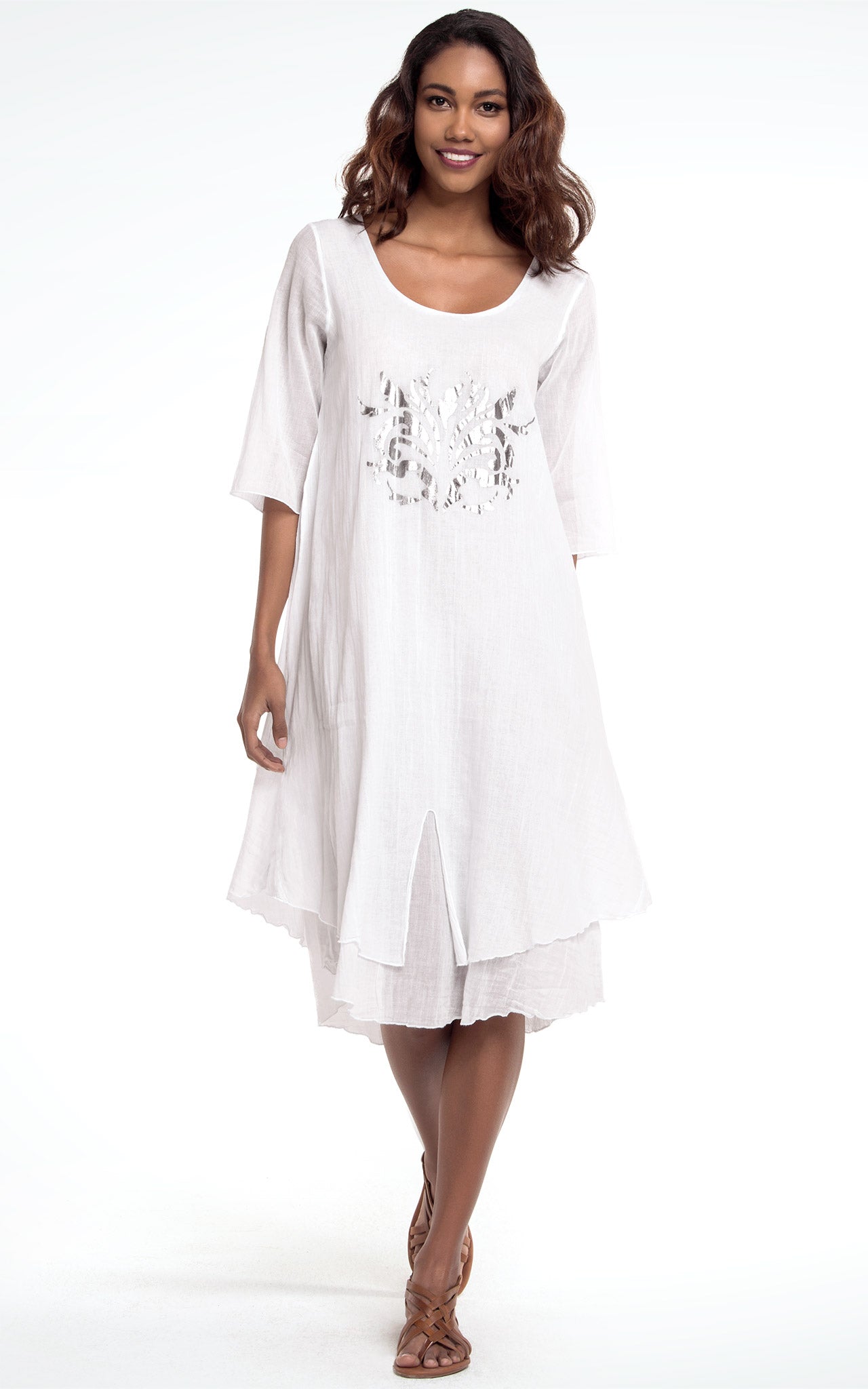 Women's Silver Foil Printed Half Sleeve White Cotton Dress