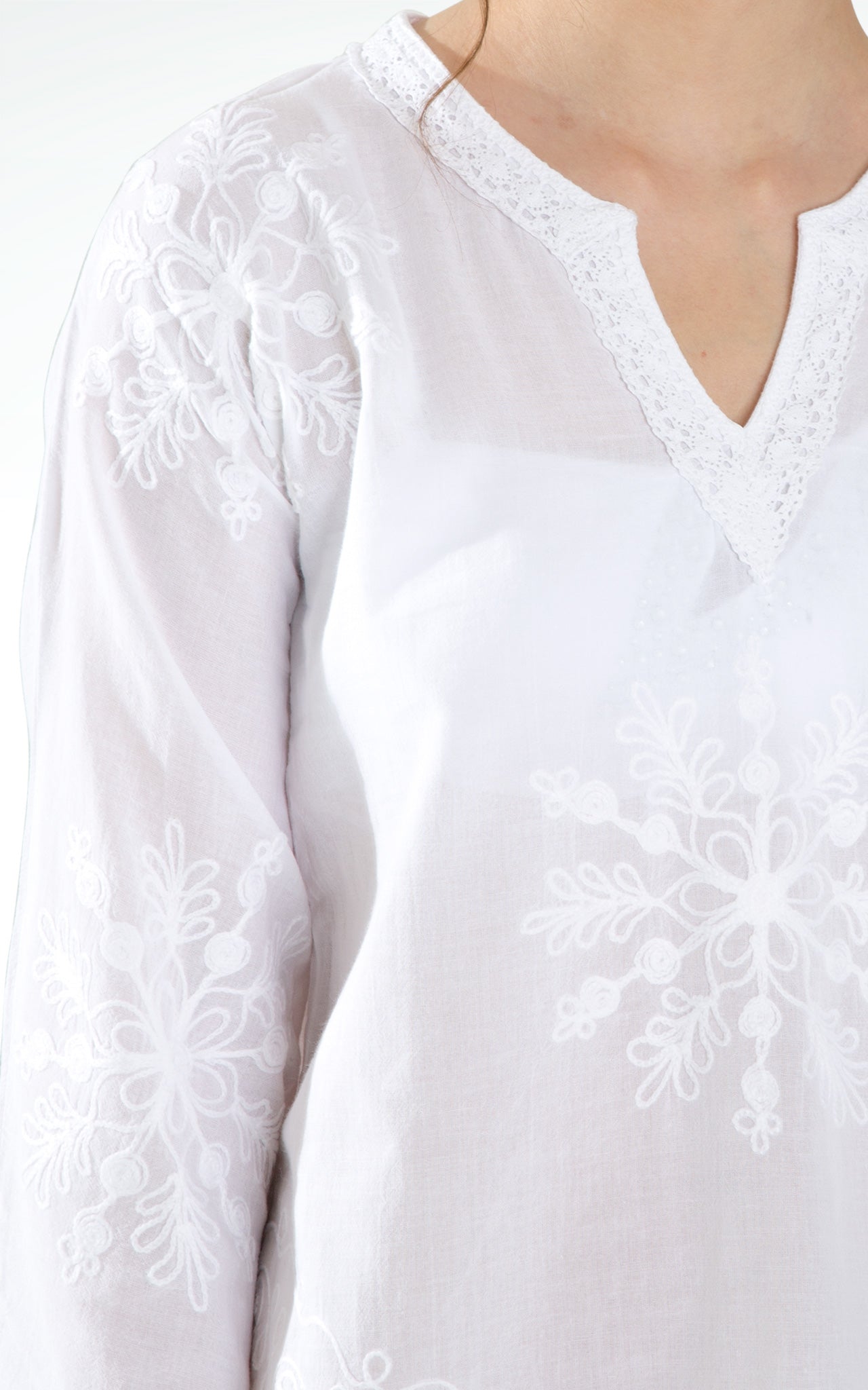 Women's Embroidered Long Sleeves White Cotton Top