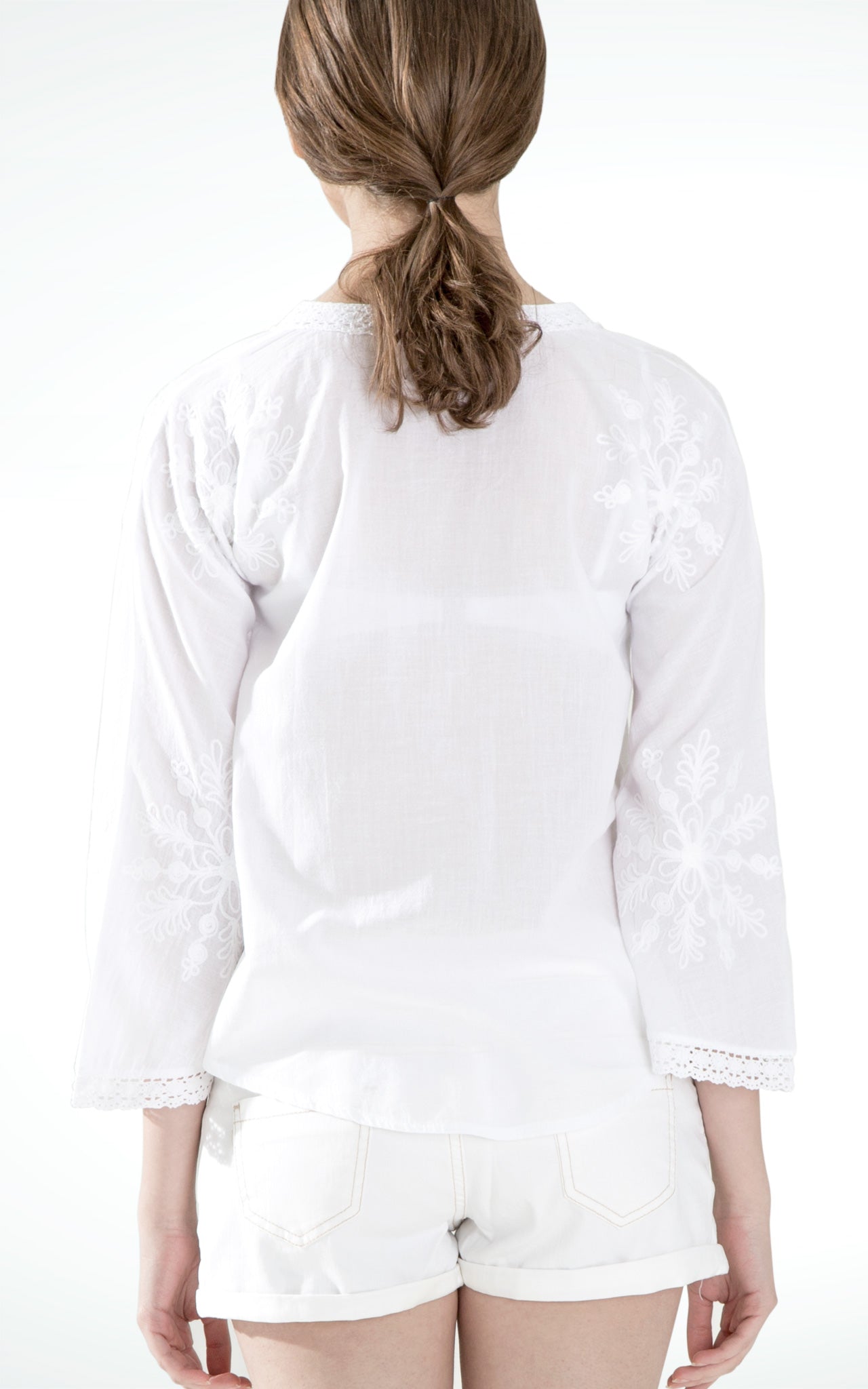 Women's Embroidered Long Sleeves White Cotton Top