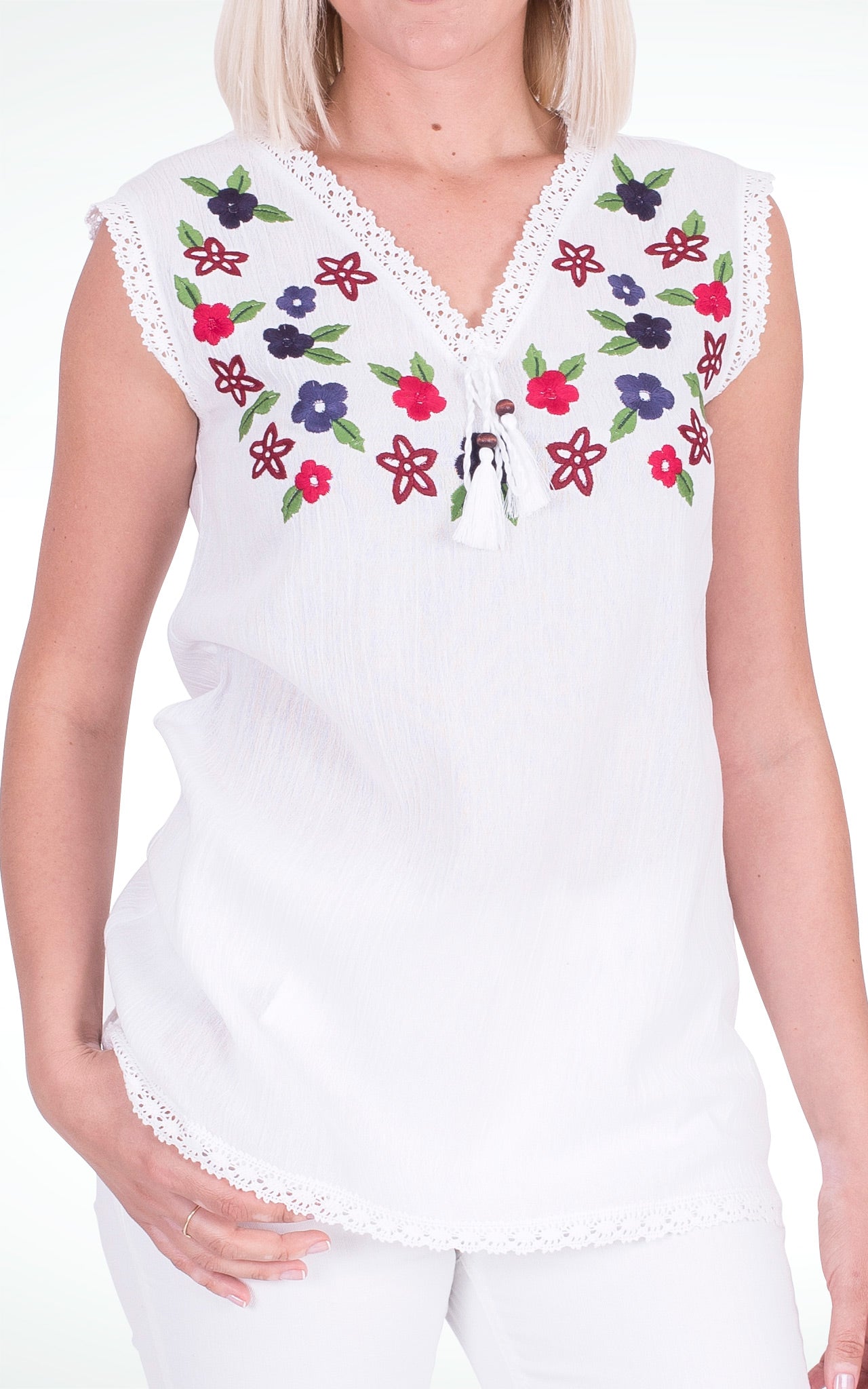 Women's Flower Embroidered White Cotton Top