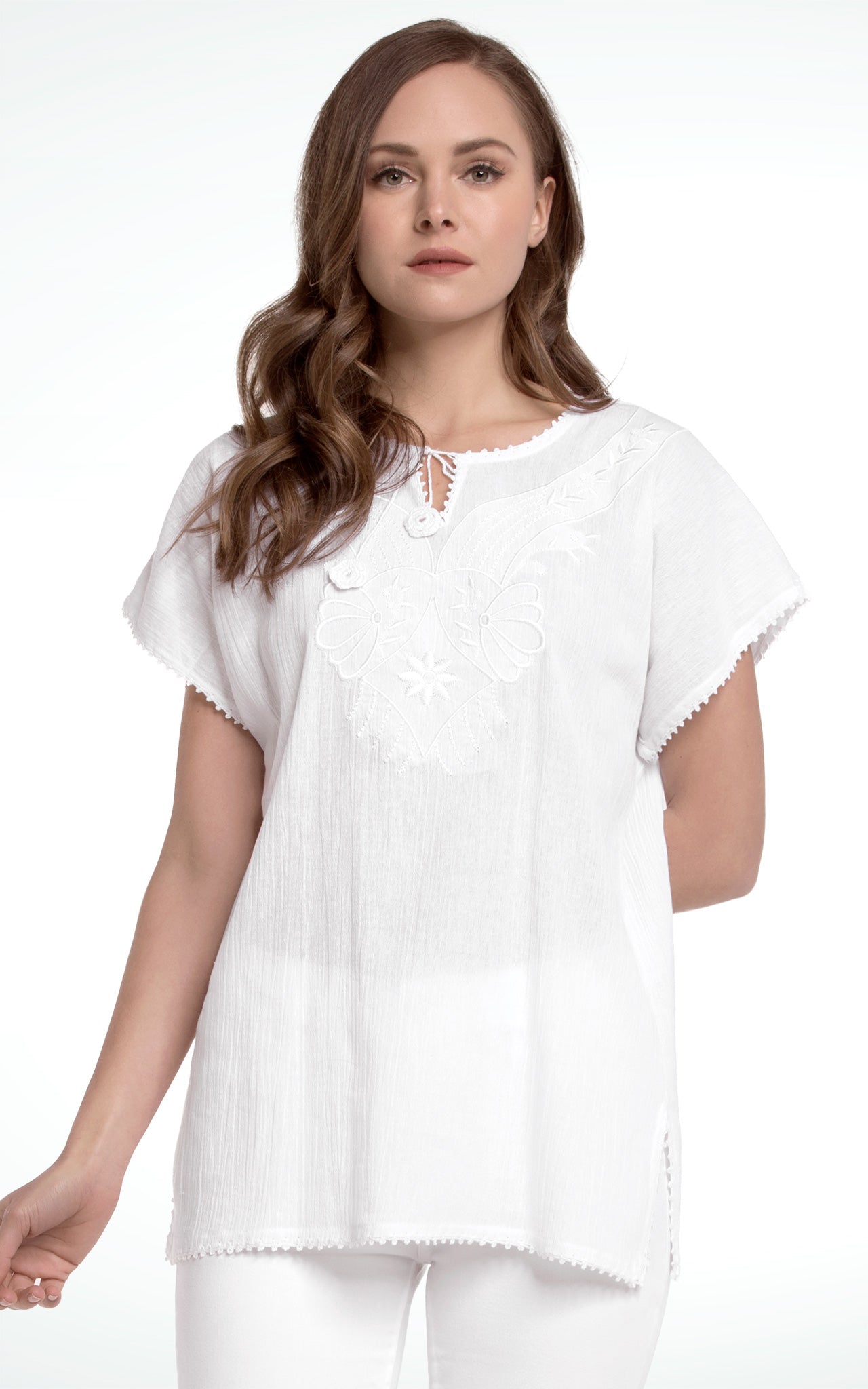 Women's Embroidered V-Neck White Cotton Top