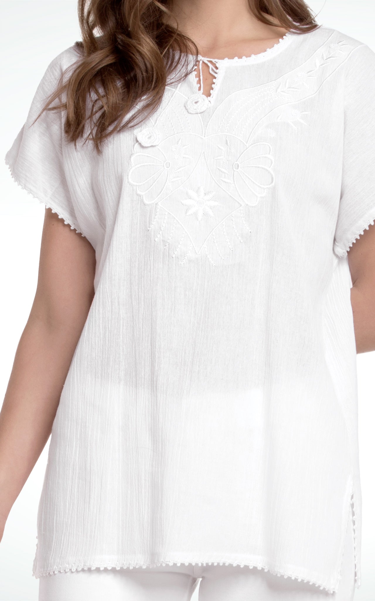 Women's Embroidered V-Neck White Cotton Top
