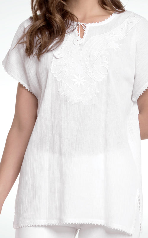 Women's Embroidered V-Neck White Cotton Top