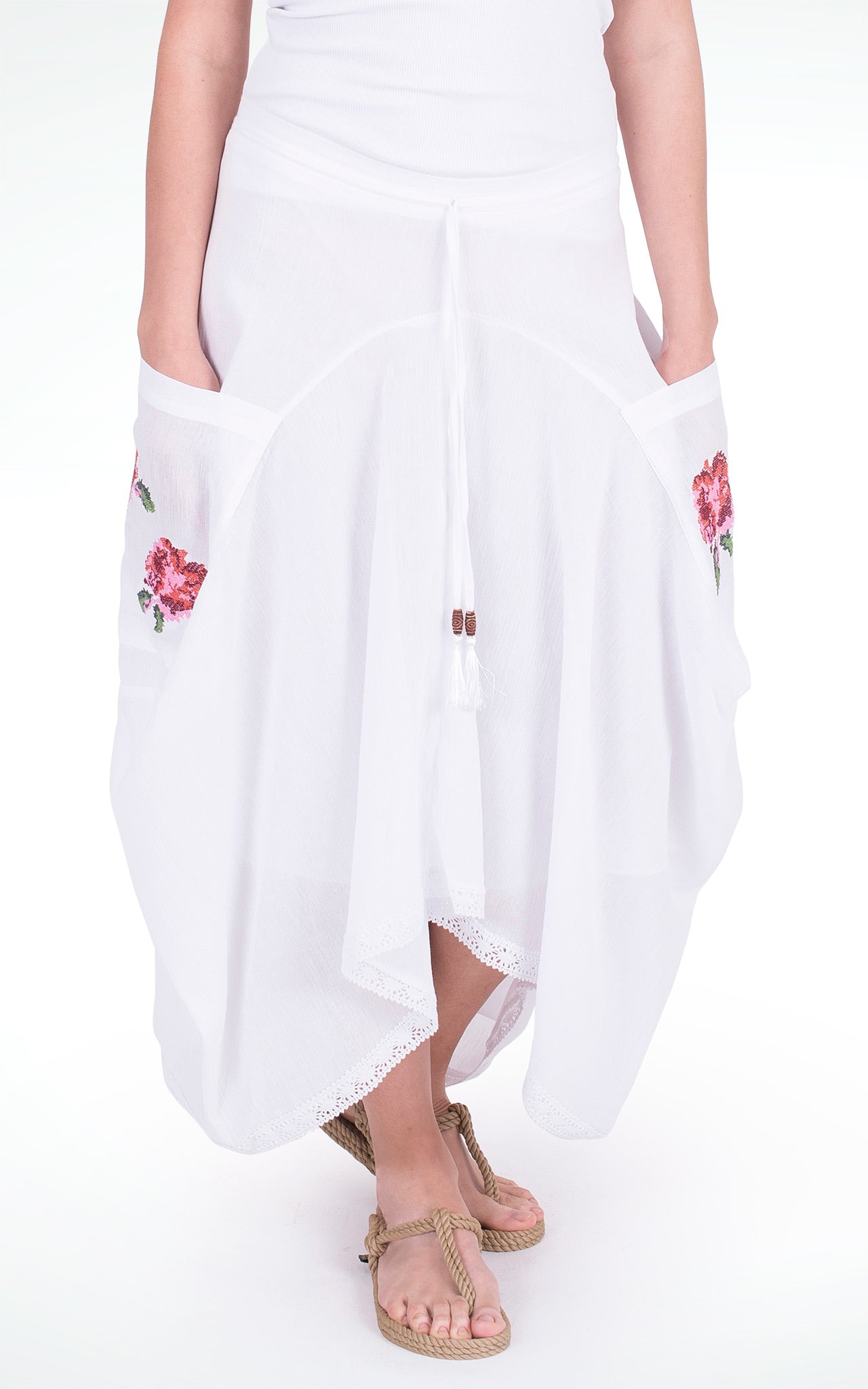 Women's Asymmetric Embroidered Pocket White Skirt