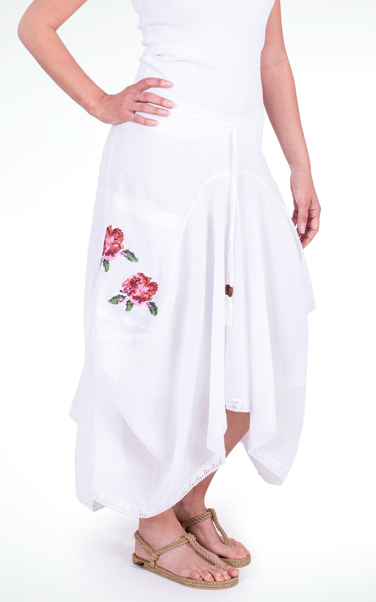 Women's Asymmetric Embroidered Pocket White Skirt