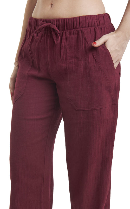 Women's Gauze Cotton PJ & Beach Pants with Pockets (Burgundy)