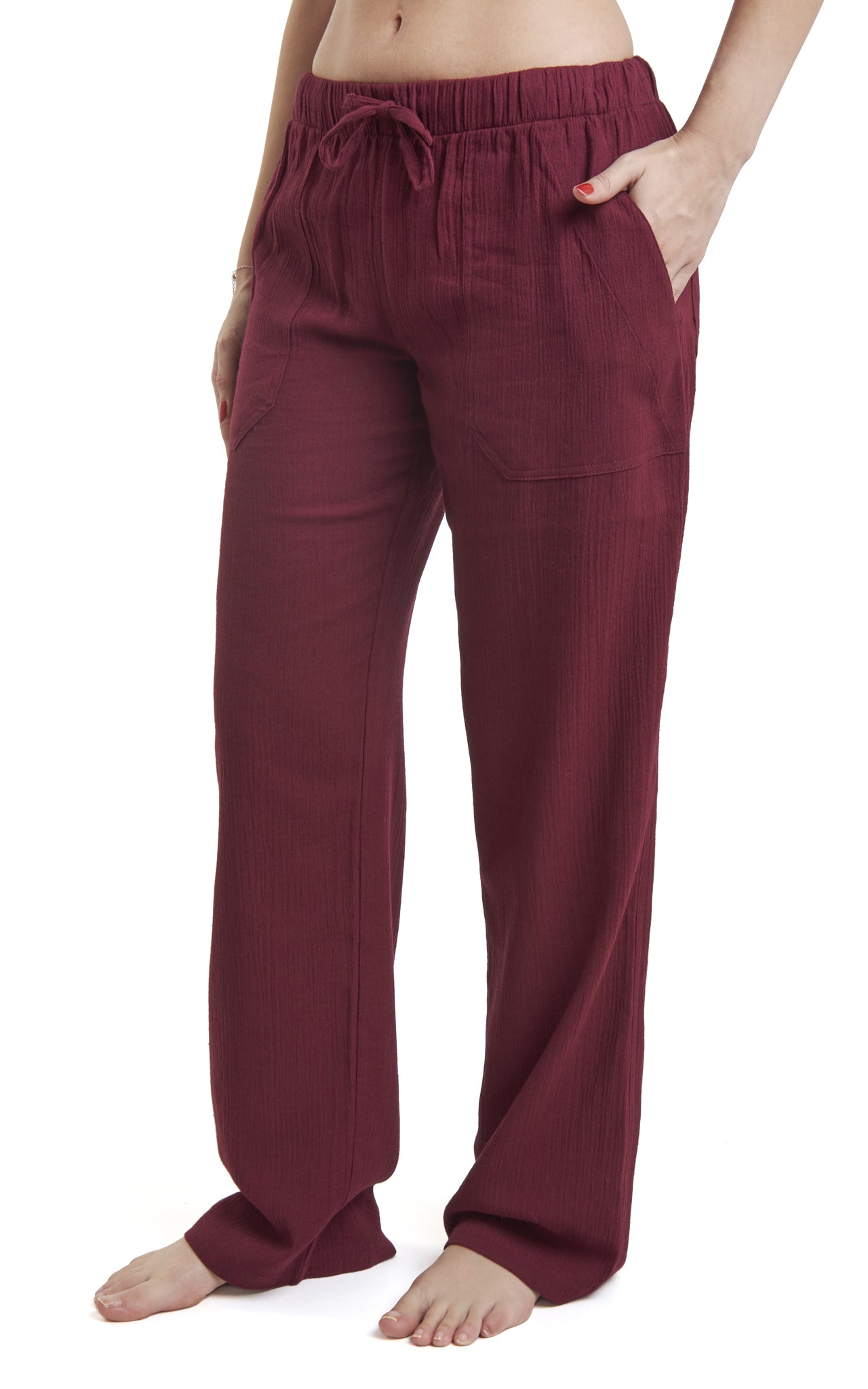Women's Gauze Cotton PJ & Beach Pants with Pockets (Burgundy)