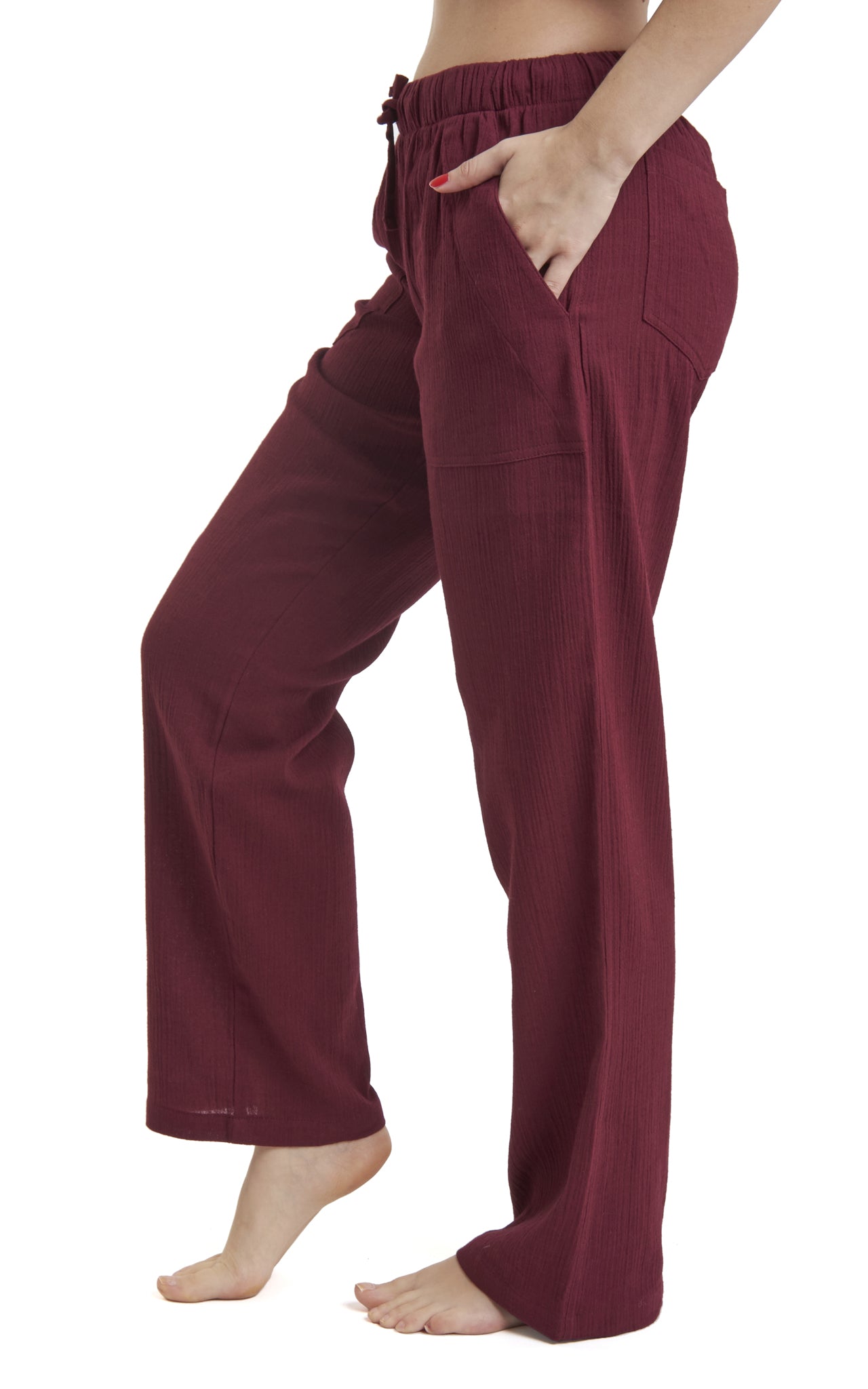 Women's Gauze Cotton PJ & Beach Pants with Pockets (Burgundy)